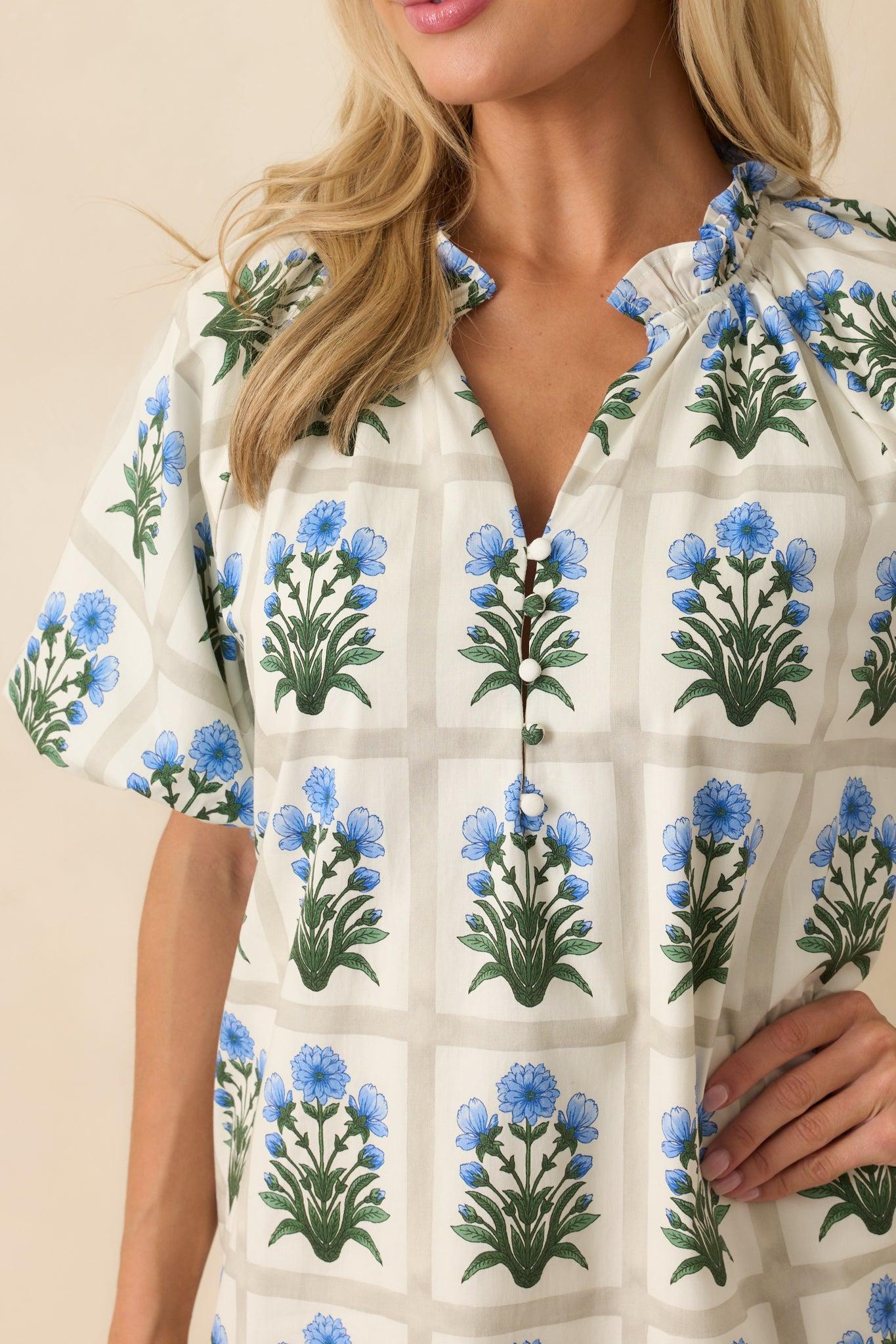 Staying Hopeful Blue Geometric Floral Print Cotton Mini Dress Product Image