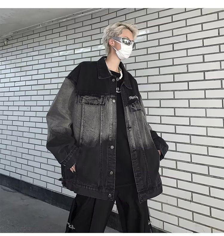 Collared Gradient Washed Button-Up Denim Jacket Product Image
