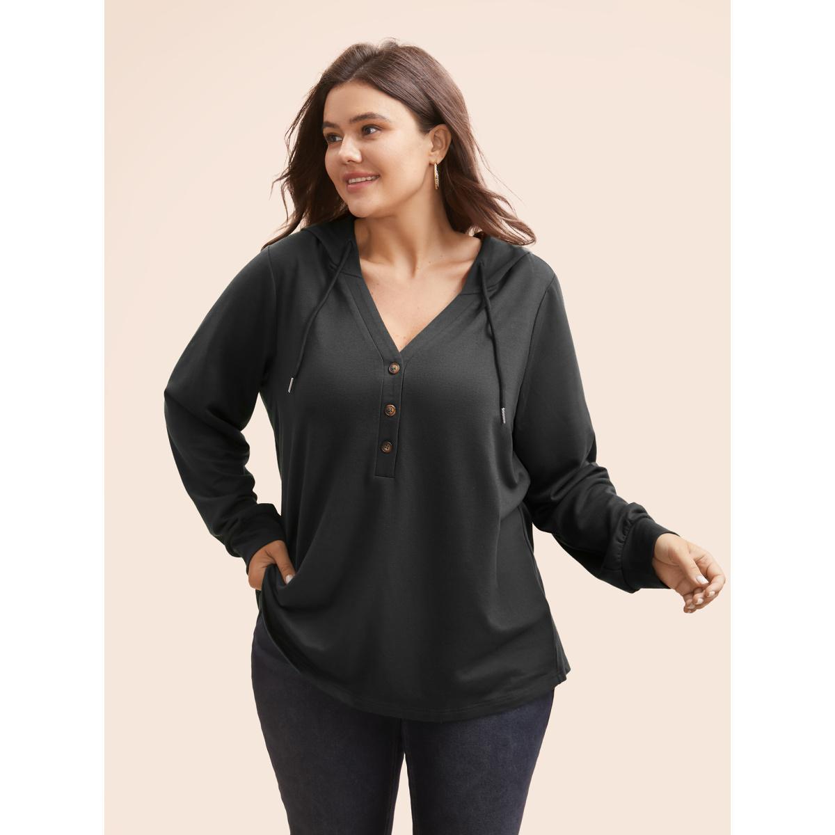 Plus Size Plain Button Up Drawstring Hooded Sweatshirt Women DarkGreen Casual Elastic cuffs Hooded Dailywear Sweatshirts BloomChic 26/4X Product Image