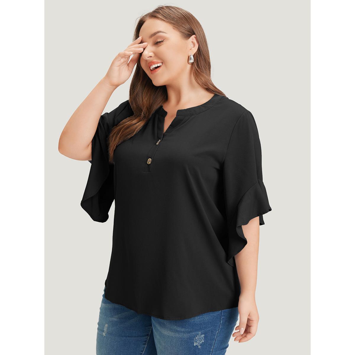 Plus Size Black Anti-Wrinkle Plain Notched Flutter Sleeve Button Up Blouse Women Office Short sleeve Notched collar Work Blouses BloomChic 30/6X Product Image