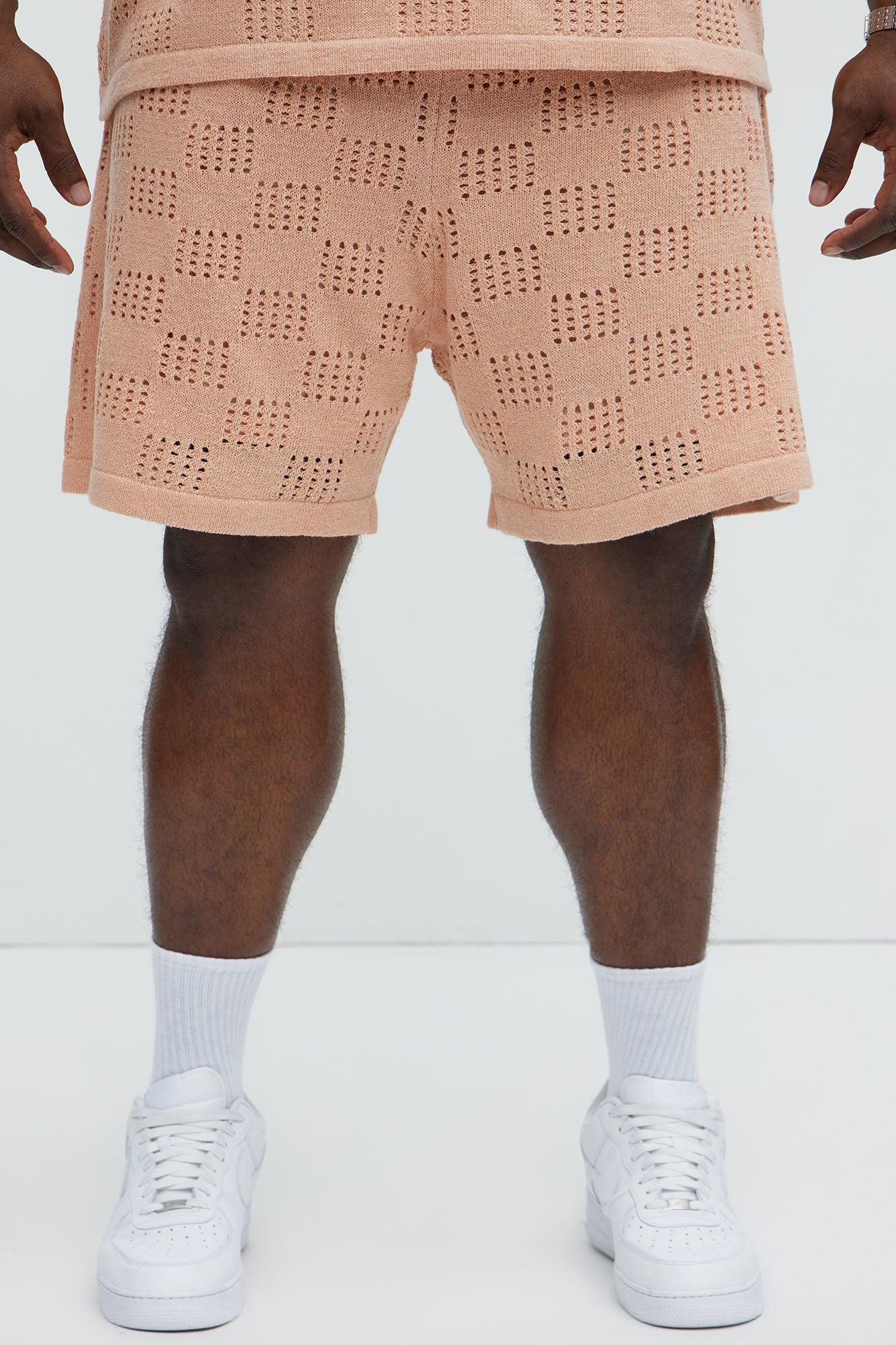 Checkered Open Knit Shorts - Pink Product Image