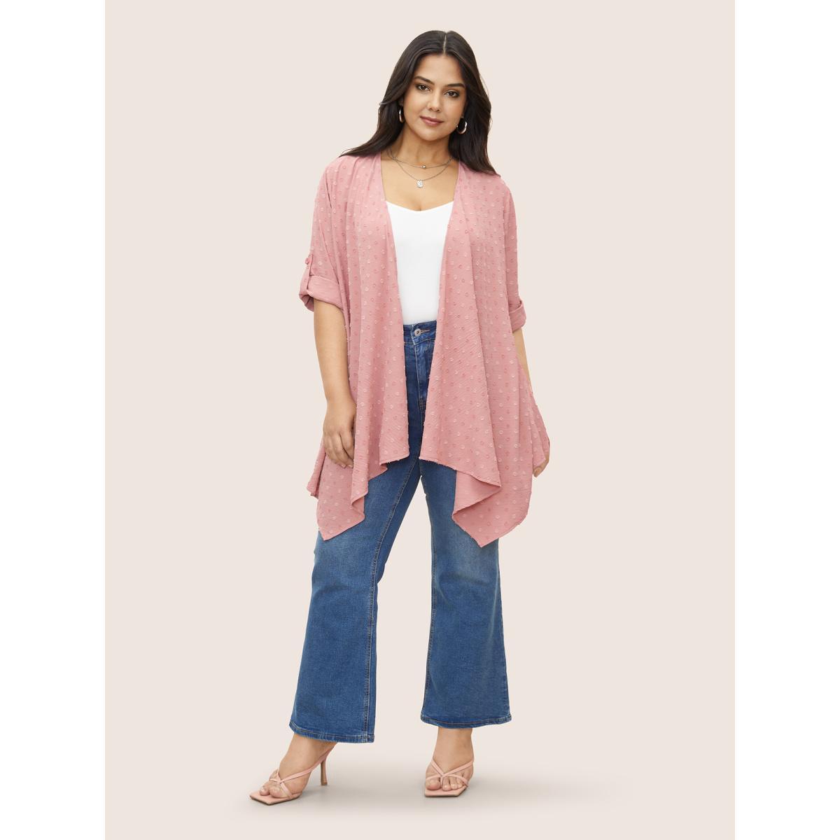 Plus Size Plain Synthetic Texture Tab Sleeve Kimono Women DustyPink Elegant Texture Everyday Kimonos BloomChic 10/M Product Image