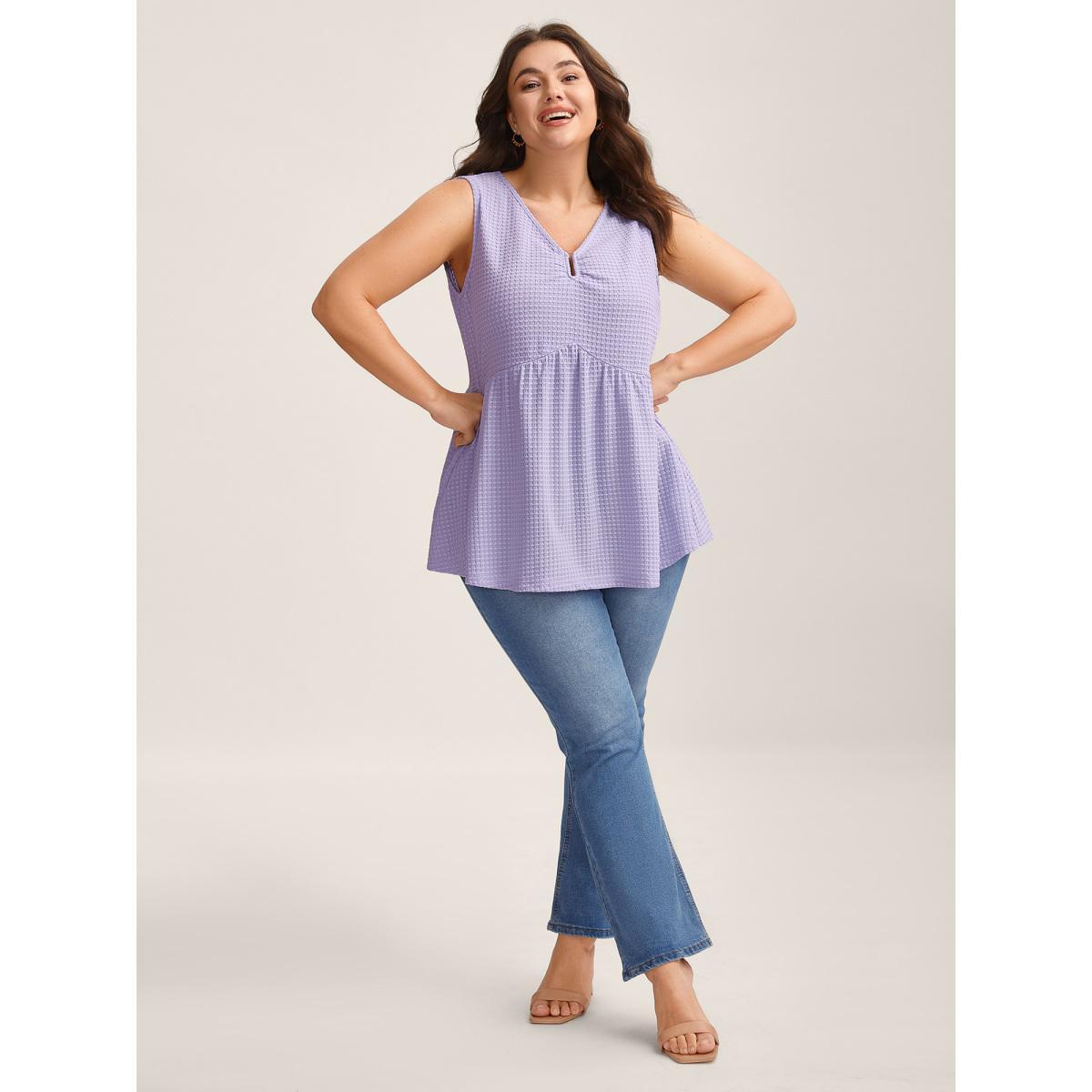 Plus Size Textured Metallic Detail Split Neck Tank Top Women Lilac Texture V-neck Everyday-Elegant Tank Tops Camis BloomChic 12/L Product Image
