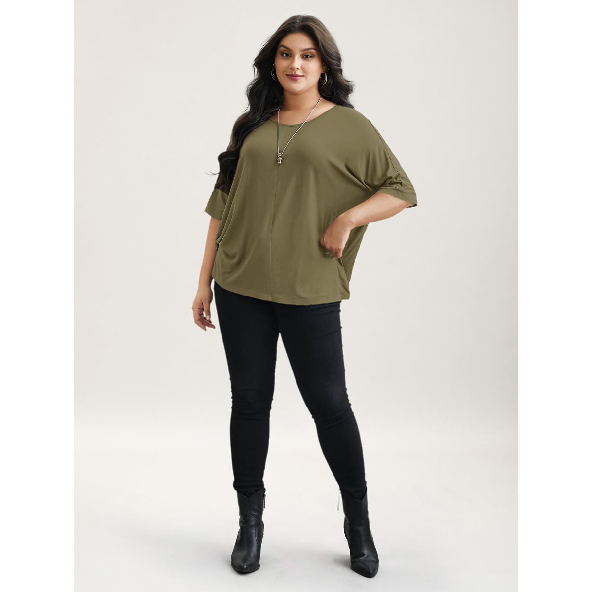 Plus Size Supersoft Round Neck Plain T-Shirt ArmyGreen Women Casual Non Round Neck Everyday T-shirts BloomChic 28/5X Product Image