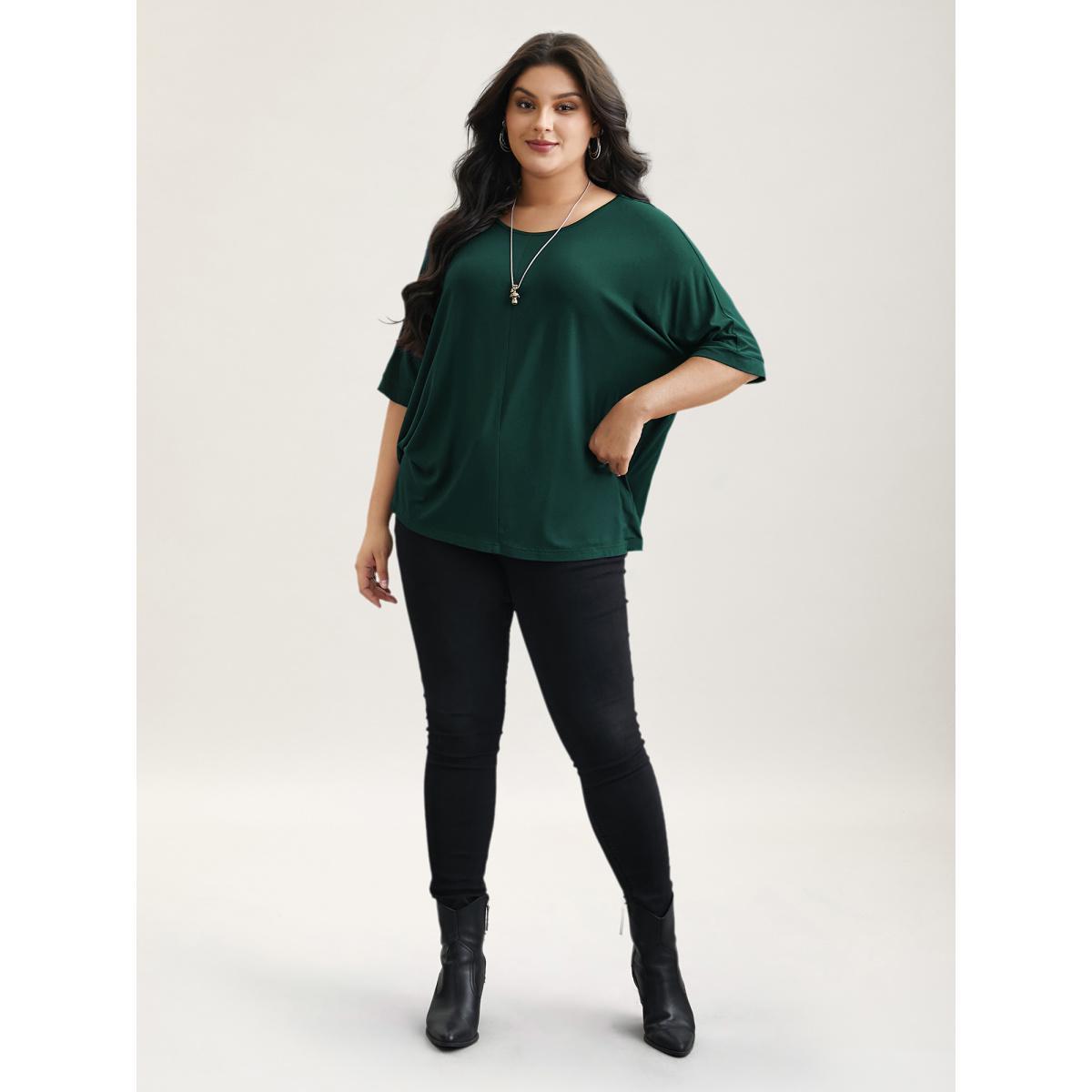 Plus Size Supersoft Round Neck Plain T-Shirt DarkGreen Women Casual Non Round Neck Everyday T-shirts BloomChic 30/6X Product Image