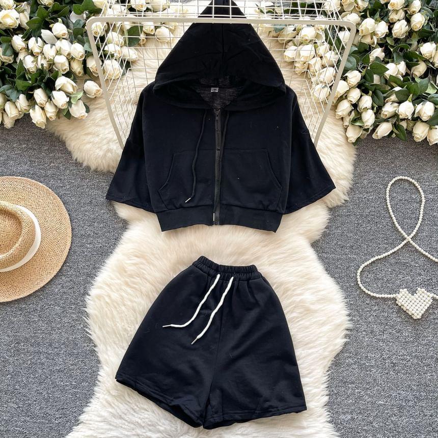 Set: Elbow-Sleeve Zip-Up Plain Crop Hoodie + Drawstring Waist Wide Leg Sweat Shorts Product Image