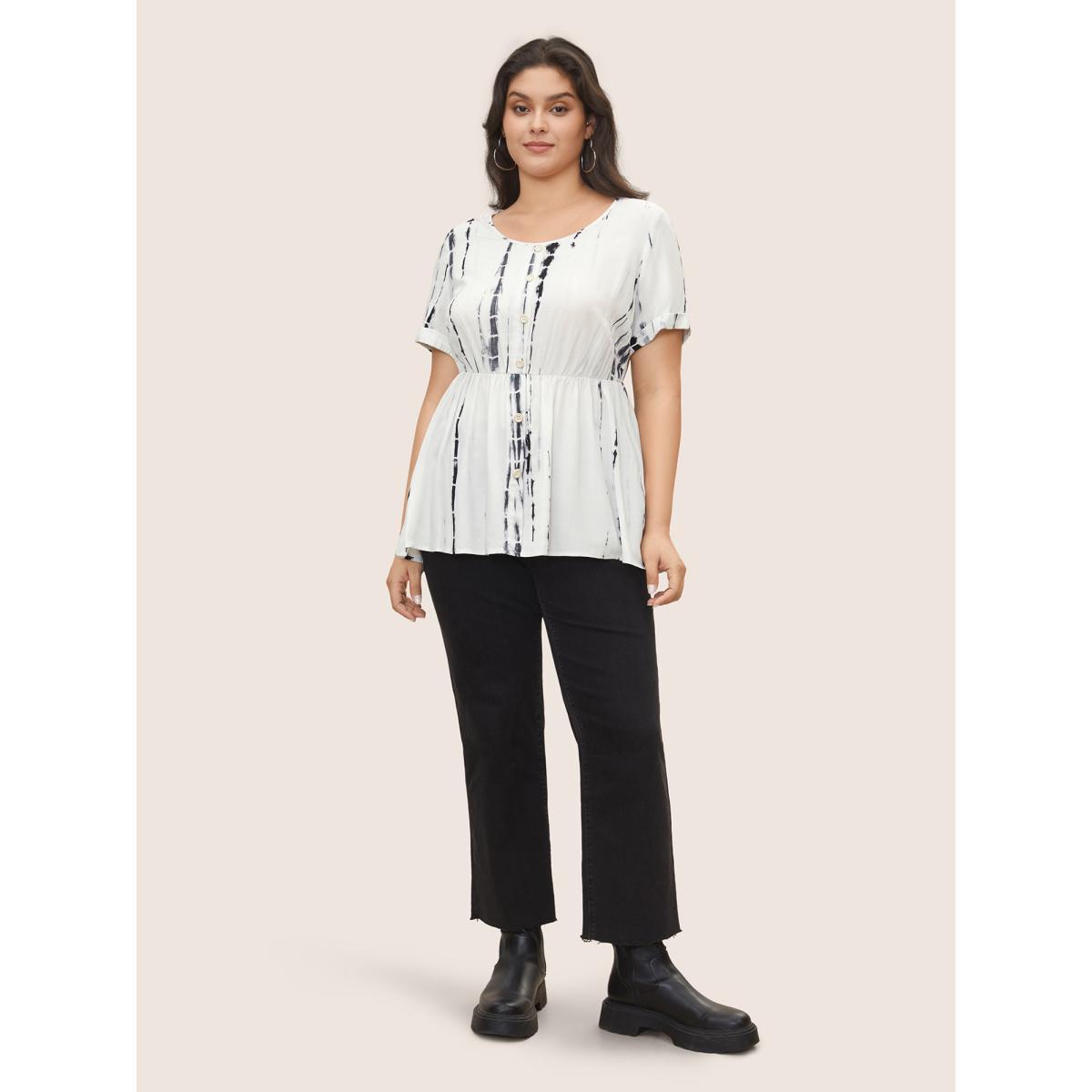 Plus Size Black Round Neck Tie Dye Button Detail Blouse Women Casual Short sleeve Round Neck Everyday Blouses BloomChic 14-16/1X Product Image