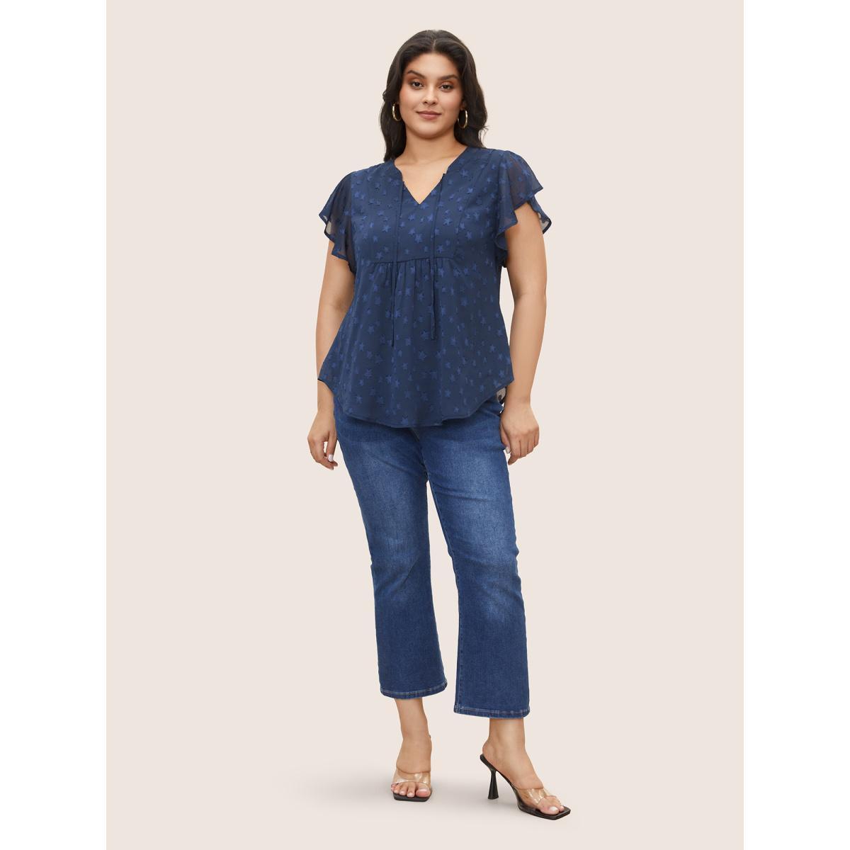 Plus Size Indigo Star Mesh Gathered Ruffle Sleeve Blouse Women Elegant Cap Sleeve V-neck Everyday Blouses BloomChic 22-24/3X Product Image