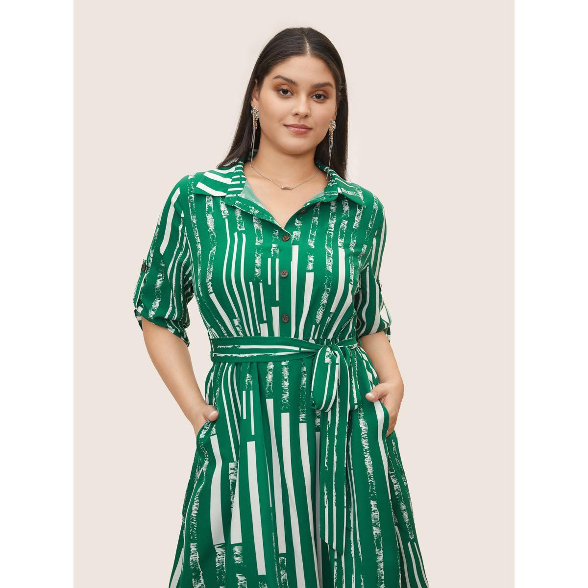 Plus Size Geometric Shirt Collar Tab Sleeve Belted Dress DarkGreen Women At the Office Belted Shirt collar Elbow-length sleeve Curvy Midi Dress BloomChic 30/6X Product Image