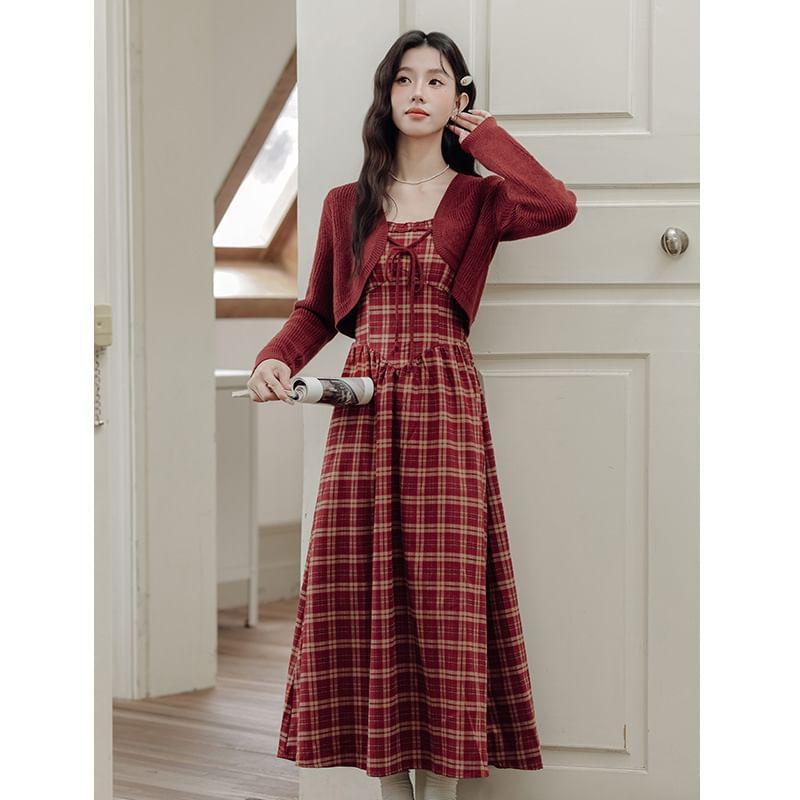 Set: Spaghetti Strap Plaid Bow Midi A-Line Dress + Plain Crop Tie Front Cardigan Product Image