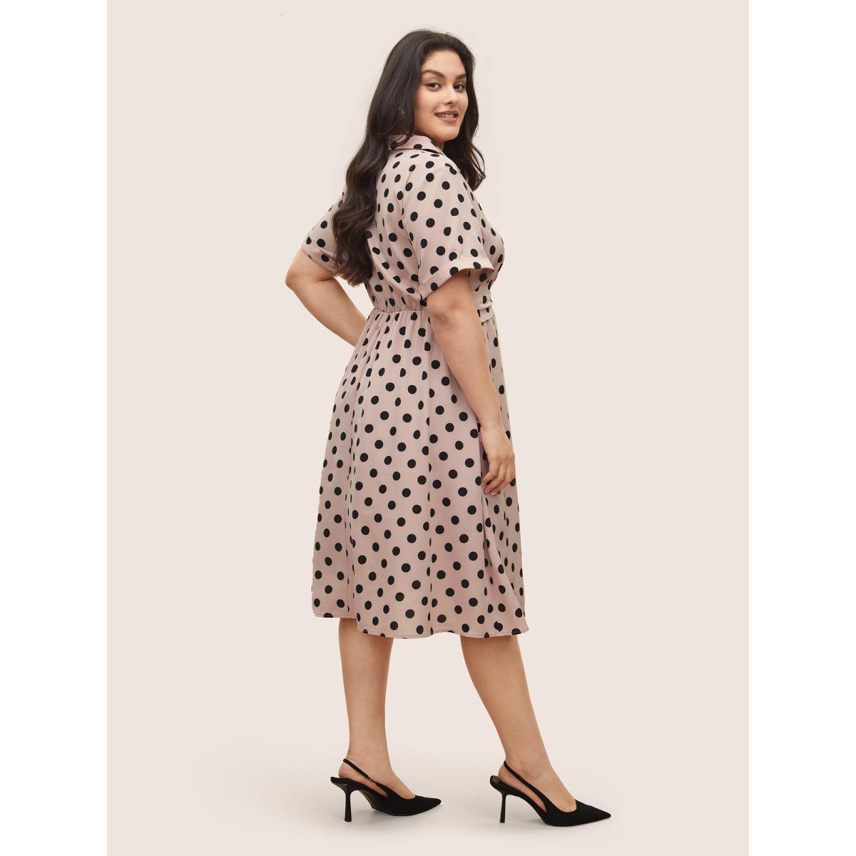 Plus Size Polka Dot Elastic Waist Ties Pocket Dress Pink Women At the Office Non Lapel Collar Short sleeve Curvy Midi Dress BloomChic 14-16/1X Product Image