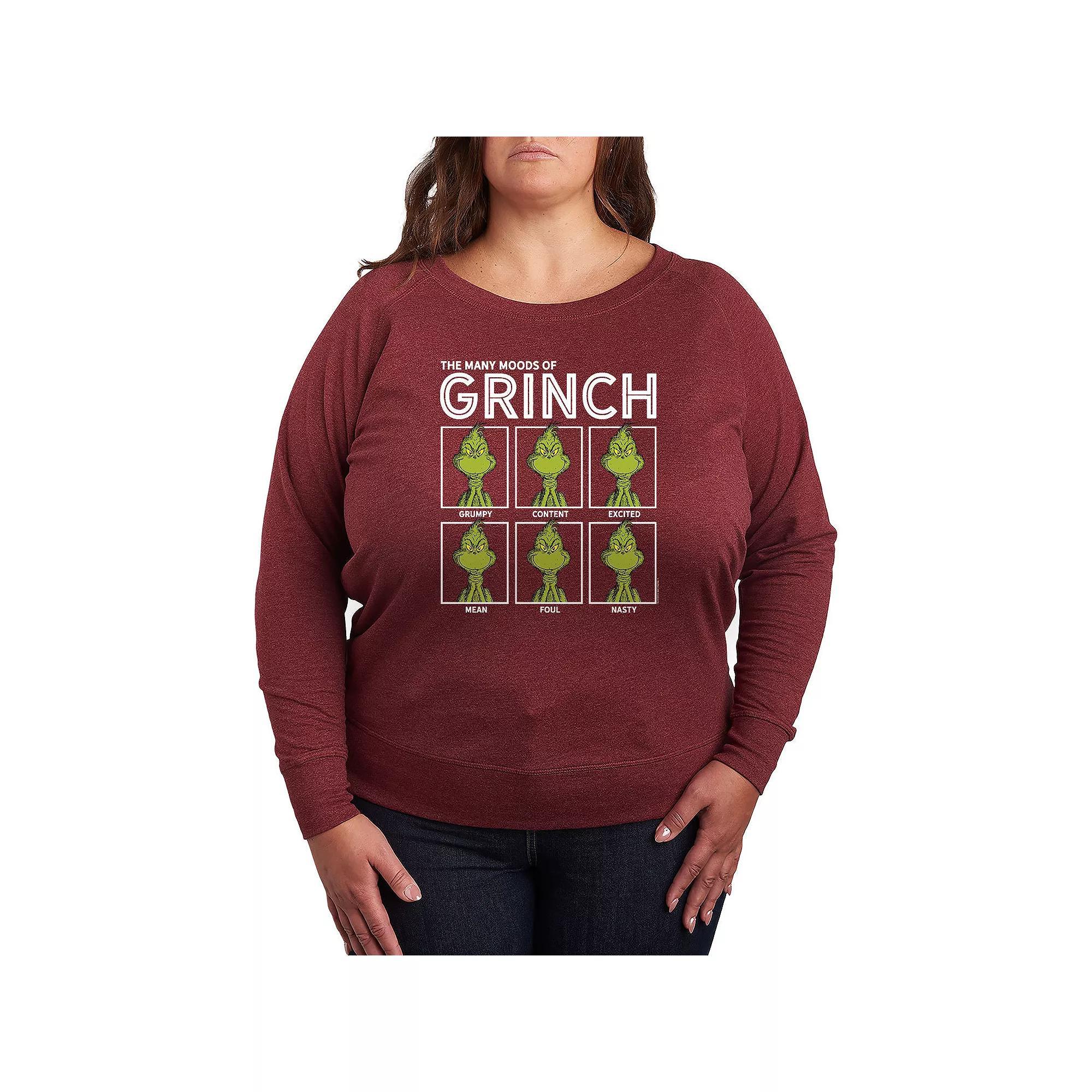 Plus Size Dr. Seuss The Grinch Many Mood French Terry Long Sleeve Tee, Womens Grey Blue Product Image