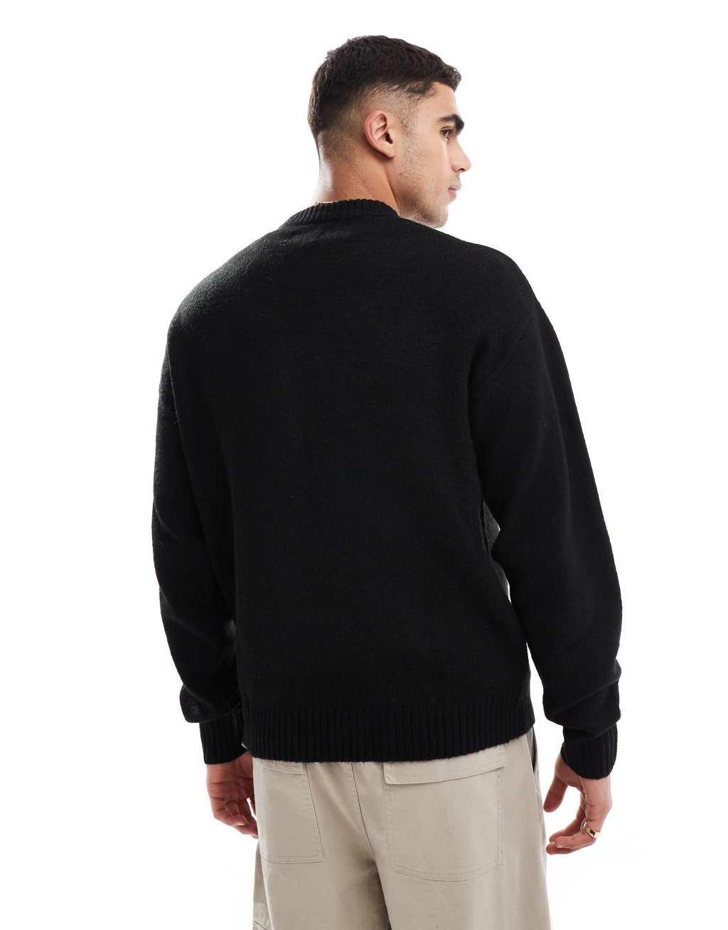 Jack & Jones oversized fluffy crew neck sweater in black  Product Image