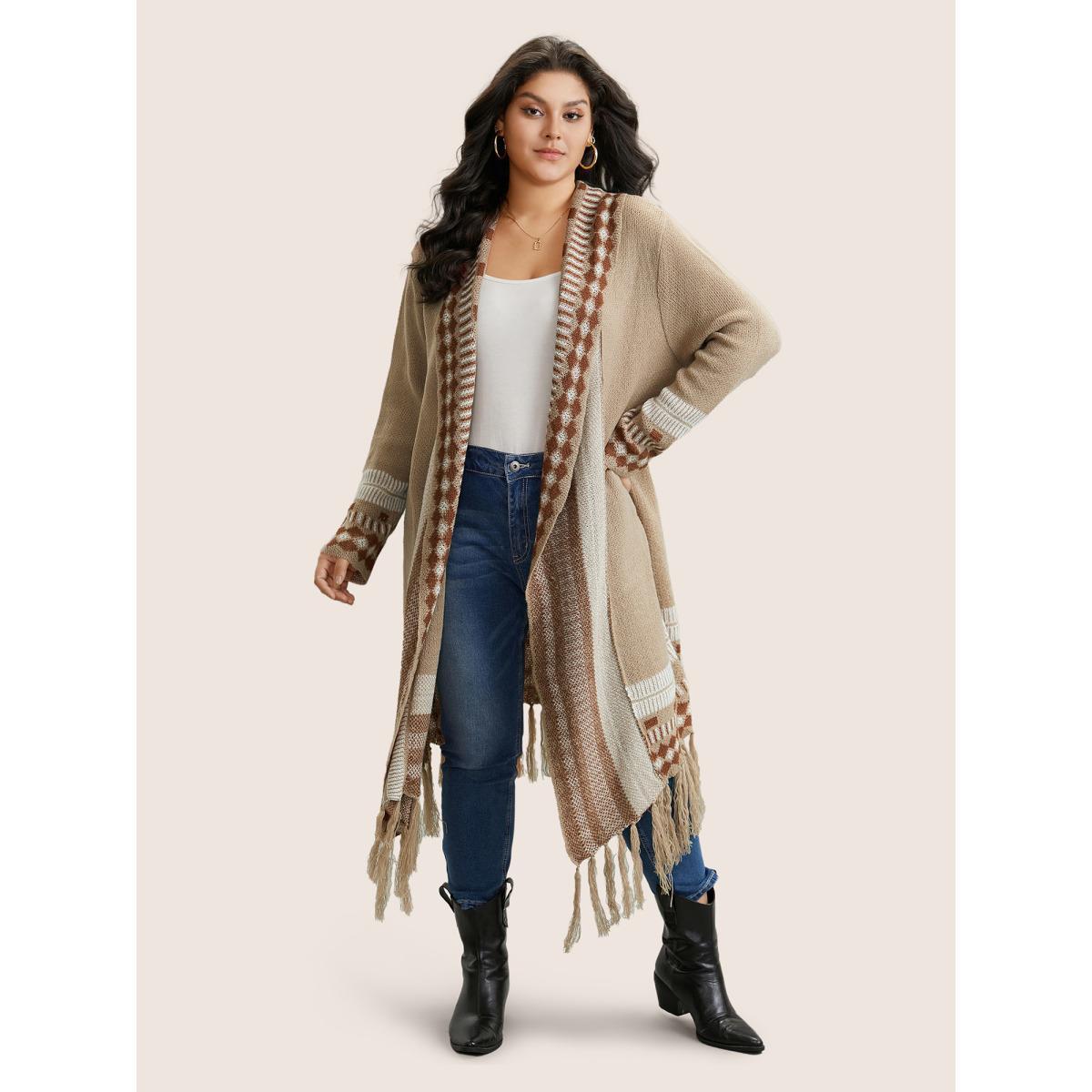 Plus Size Bandana Print Fringe Trim Maxi Cardigan Tan Women Casual Long Sleeve Everyday Cardigans BloomChic 30/6X Product Image