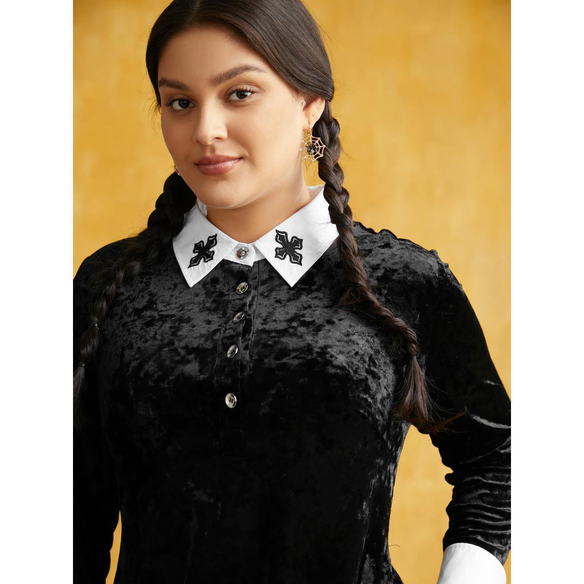 Plus Size Stretch Velvet Collared Midi Dress Black Women Cocktail Texture Party Curvy Bloomchic 14-16/1X Product Image