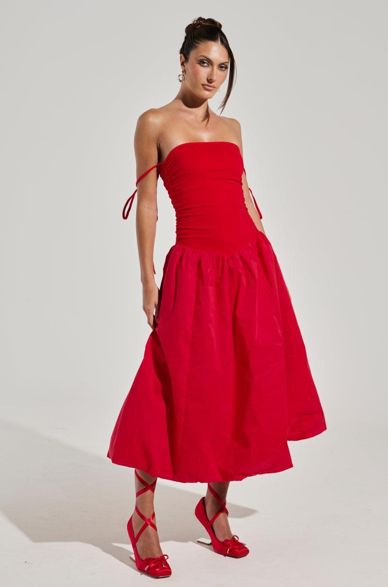 SITTING PRETTY POPLIN MIDI DRESS IN RED Product Image