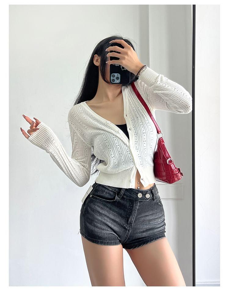 V-Neck Plain Pointelle Cardigan Product Image