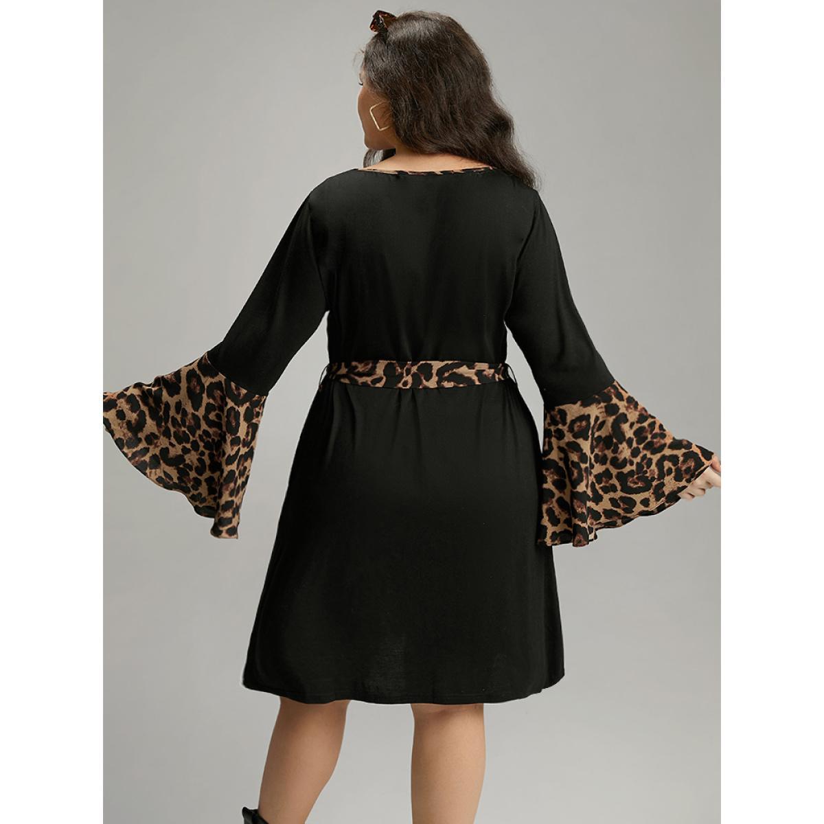 Plus Size Supersoft Essentials Leopard Bell Sleeve Belted Dress Black Women Casual Belted Round Neck Long Sleeve Curvy Knee Dress BloomChic 30/6X Product Image