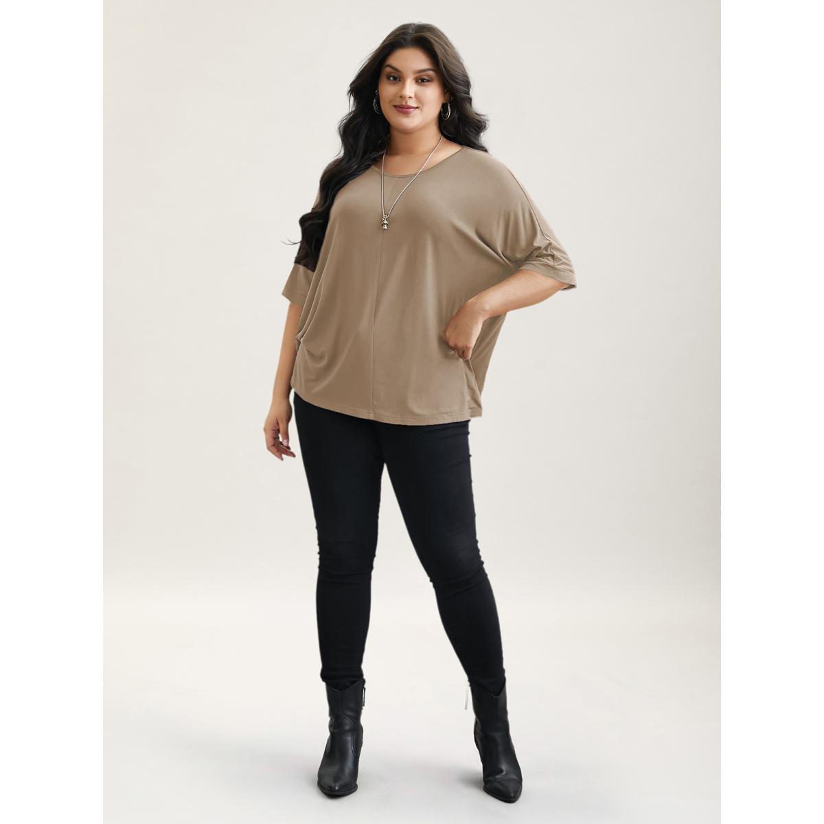 Plus Size Supersoft Round Neck Plain T-Shirt LightBrown Women Casual Non Round Neck Everyday T-shirts BloomChic 10/M Product Image