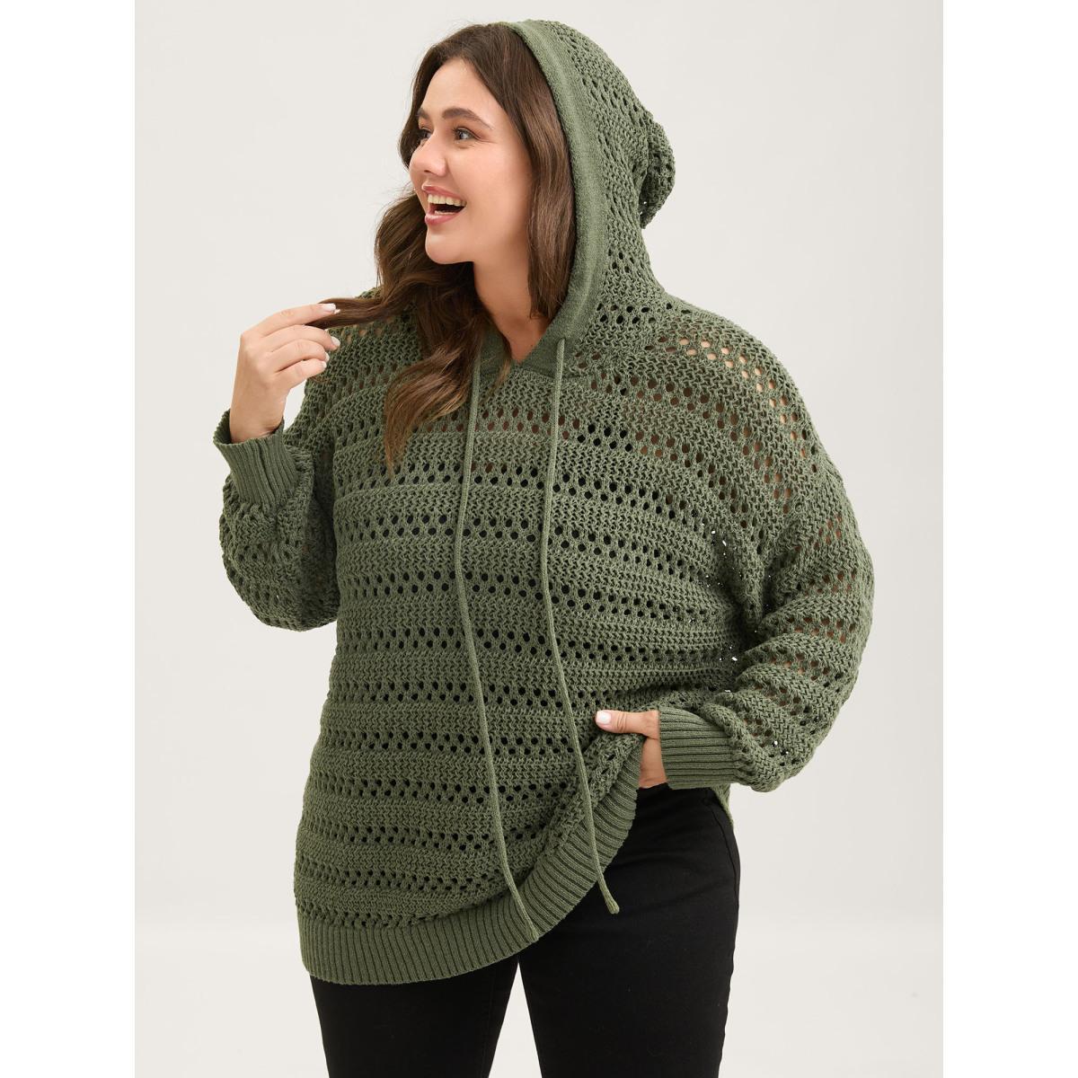 Plus Size Cut-Out Textured Drop Shoulder Pullover Moss Women Loose Long Sleeve Hooded Everyday-Casual Pullovers BloomChic 14-16/1X Product Image