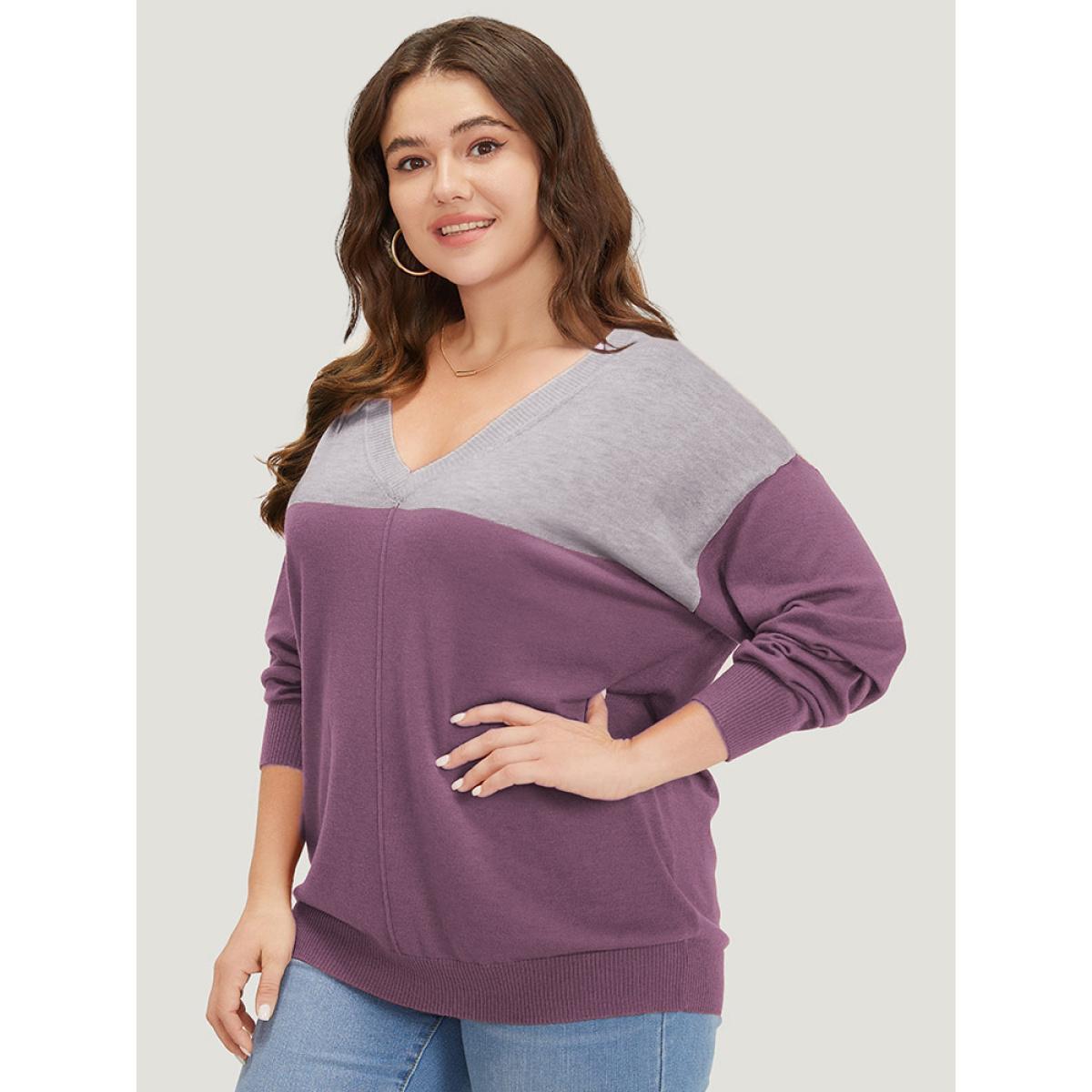 Plus Size Supersoft Essentials Colorblock Two Tone Patchwork V Neck Pullover Mauve Women Casual Loose Long Sleeve V-neck Dailywear Pullovers BloomChic 14-16/1X Product Image
