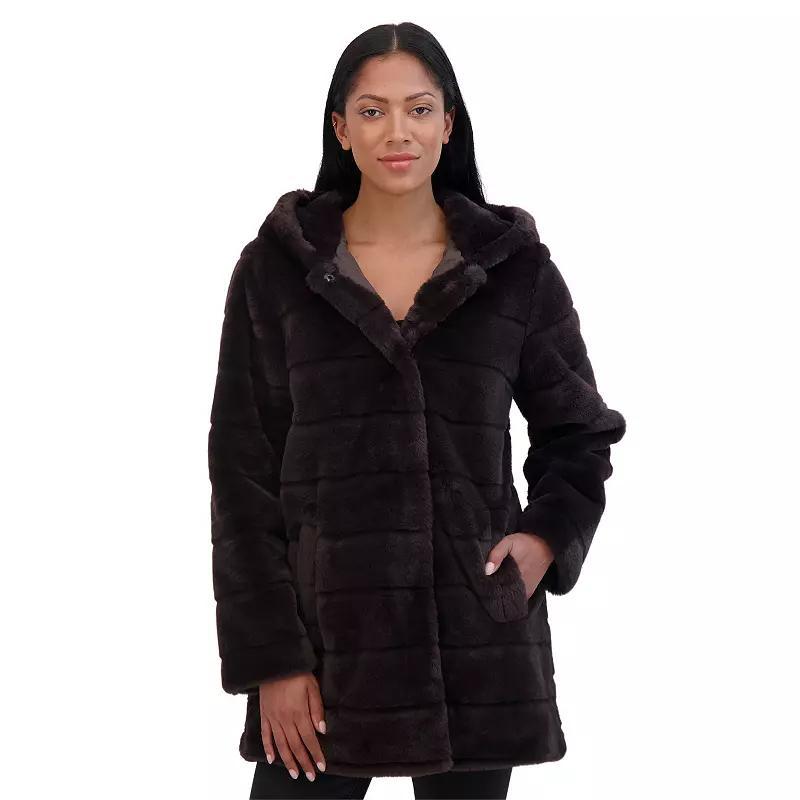 Women's Sebby Collection Hooded Reversible Faux-Fur Coat, Size: Large, Beige Product Image