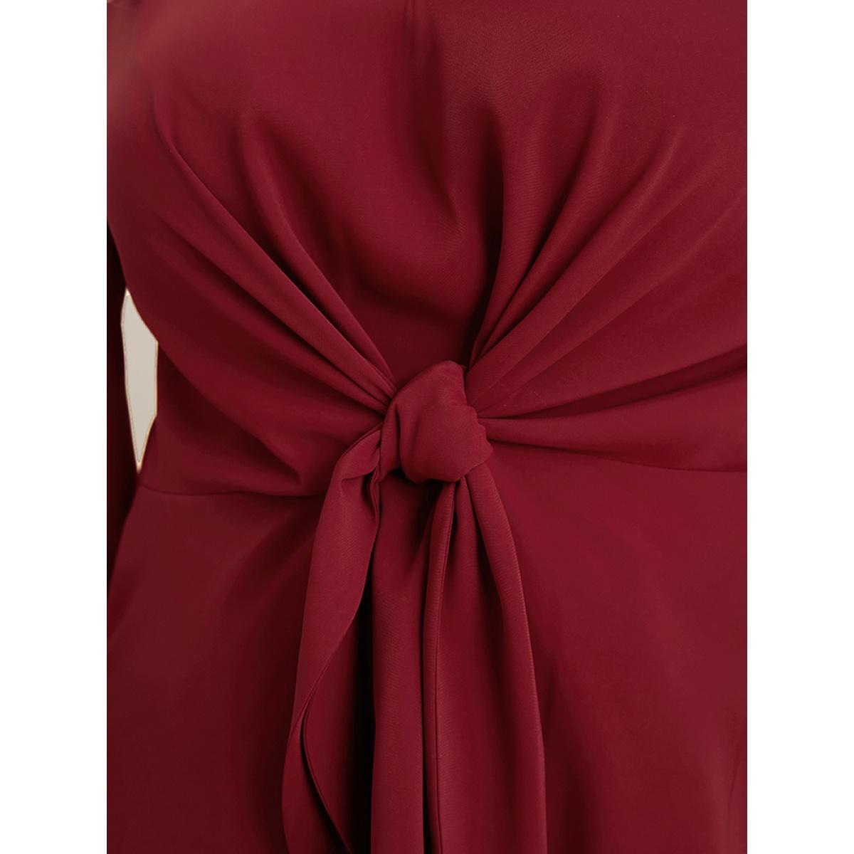 Plus Size Burgundy Solid V Neck Lantern Sleeve Knotted Front Blouse Women Elegant Long Sleeve V-neck Dailywear Blouses BloomChic 14-16/1X Product Image