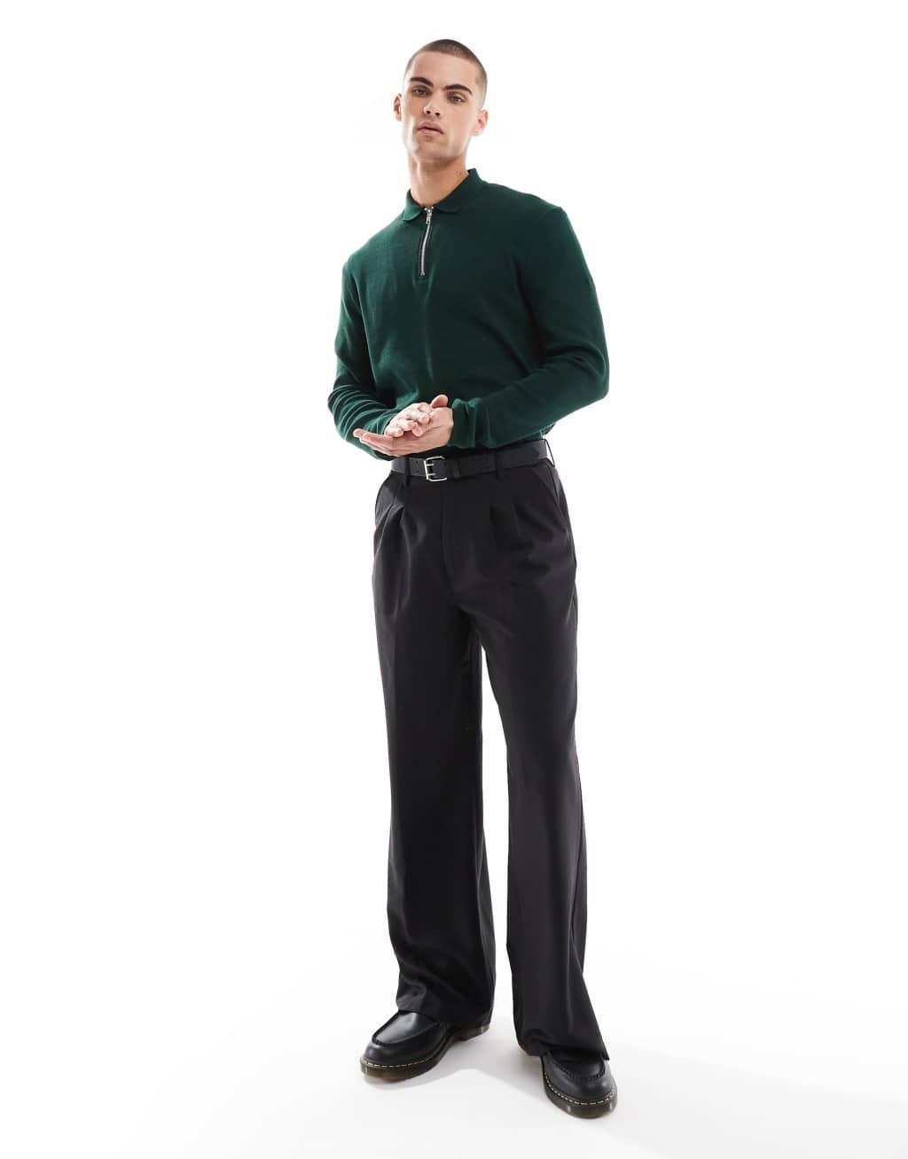 ASOS DESIGN waffle long sleeve polo with zip in dark green Product Image