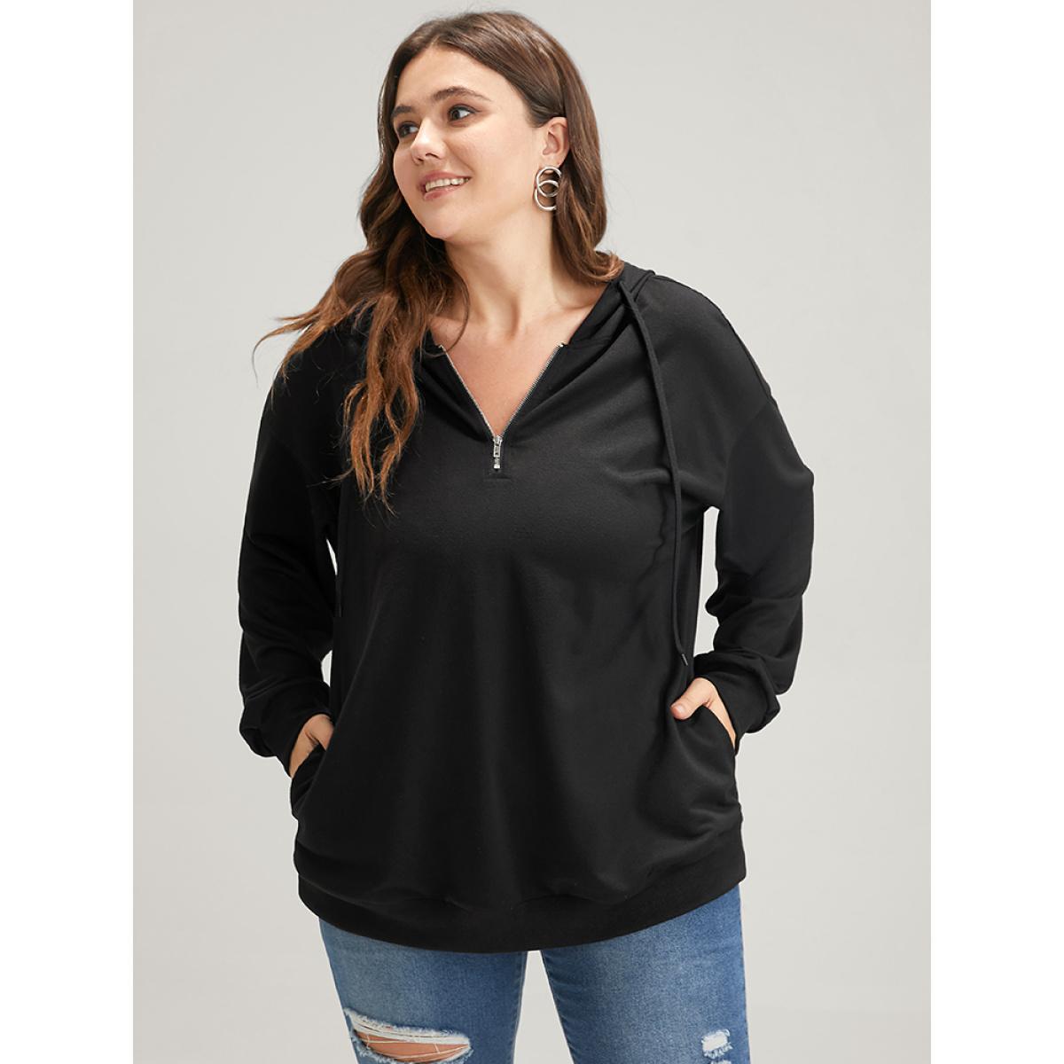 Plus Size Solid Zipper Front Pocket Drawstring Hooded Sweatshirt Women Black Casual Zipper Hooded Dailywear Sweatshirts BloomChic 14-16/1X Product Image