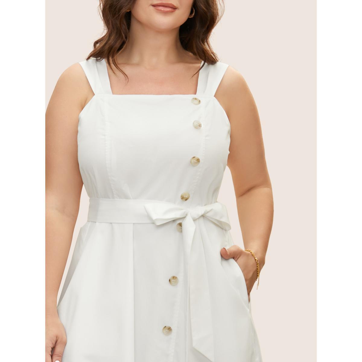 Plus Size Square Neck Button Detail Split Hem Dress Originalwhite Women At the Office Belted Non Sleeveless Curvy BloomChic 18-20/2X Product Image