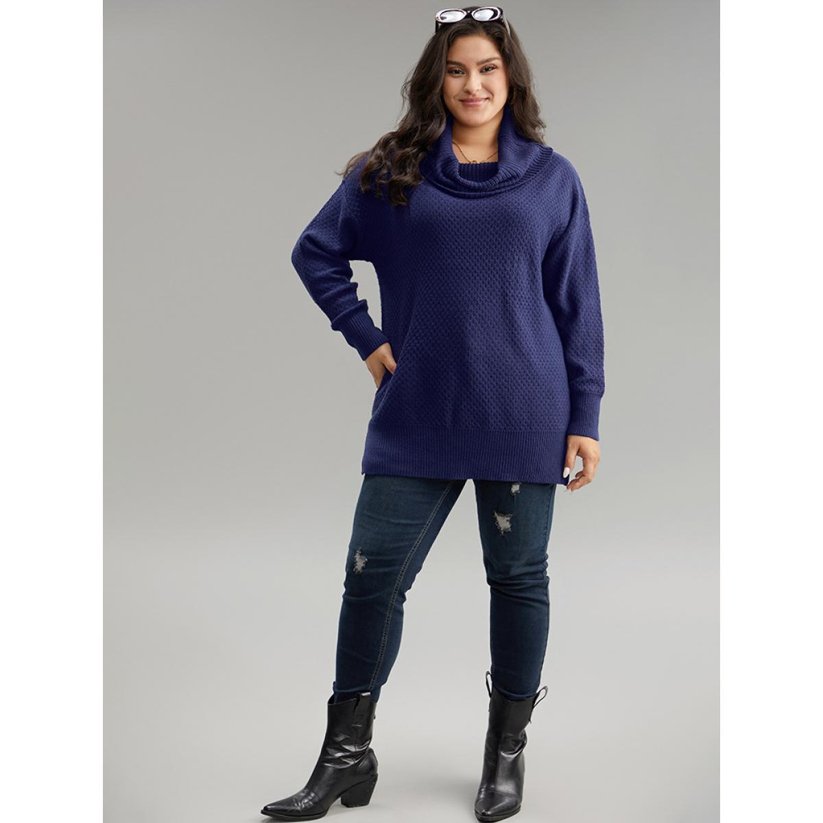Plus Size Solid Turtle Neck Split Side Pullover DarkBlue Women Casual Loose Long Sleeve Turtleneck Everyday Pullovers BloomChic 18-20/2X Product Image