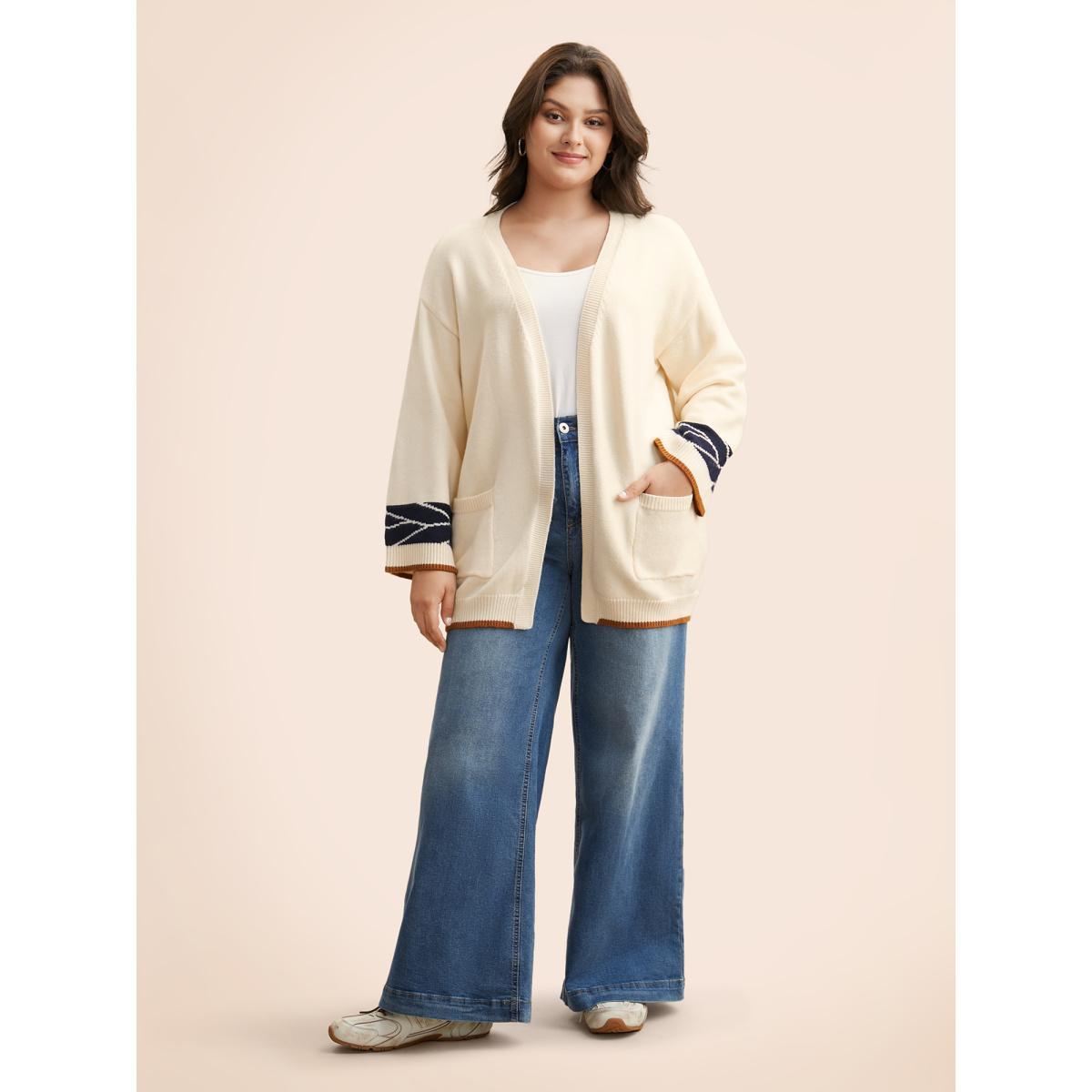 Plus Size Supersoft Essentials Contrast Jacquard Cardigan Beige Women Casual Loose Long Sleeve Everyday Cardigans BloomChic 14-16/1X Product Image