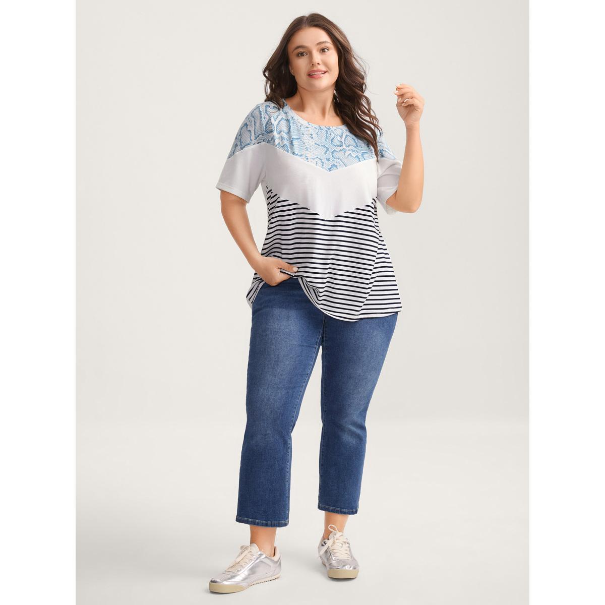 Plus Size Animal Print Waffle Grid T-Shirt Multicolor Women Contrast Round Neck Everyday-Casual T-shirts BloomChic 26/4X Product Image