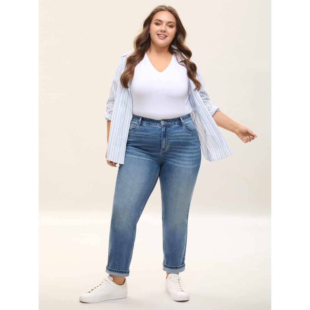 Plus Size Classic Cut Boyfriend Jeans Women Denimblue Casual Button Medium stretch Slanted pocket Jeans BloomChic 26/4X Product Image