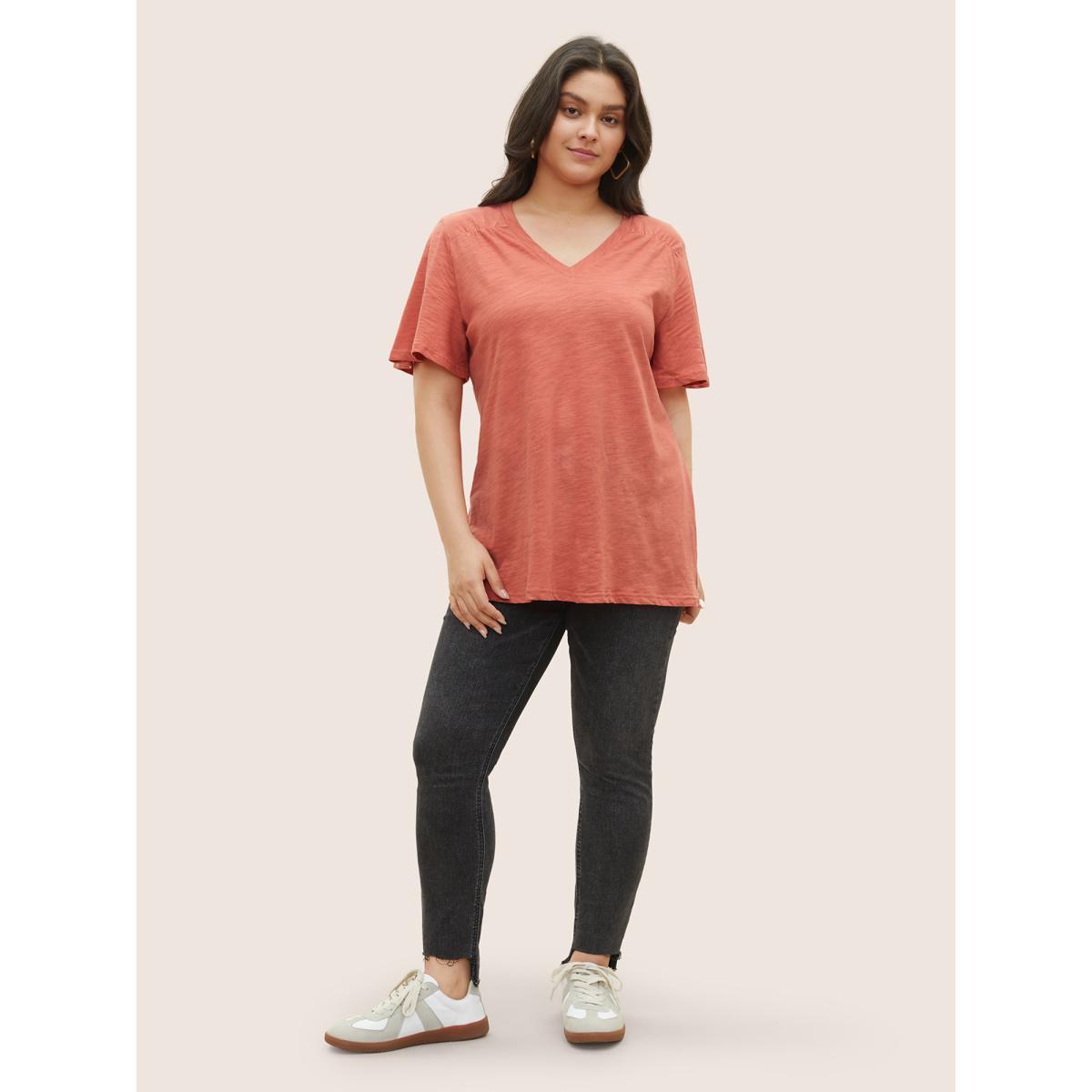 Plus Size Plain Ruffle Sleeve Heather V Neck T-shirt Rust Women Casual Plain V-neck Everyday T-shirts BloomChic 14-16/1X Product Image