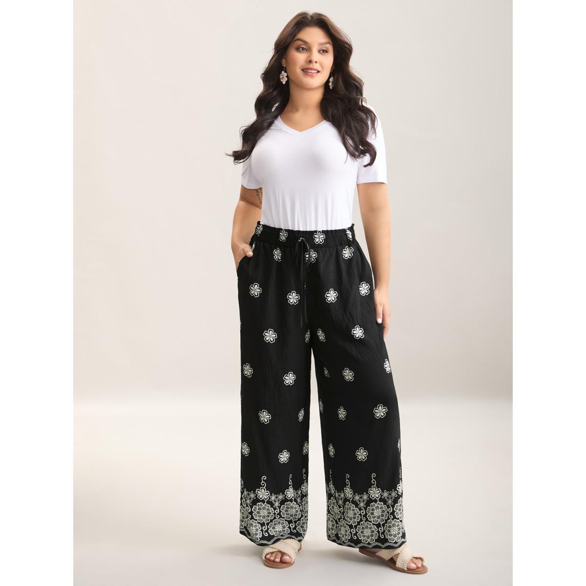 Plus Size Boho Print Drawstring Wide-Leg Pants Women BlackFlower Resort Wide Leg Mid Rise Vacation Pants BloomChic 18-20/2X Product Image