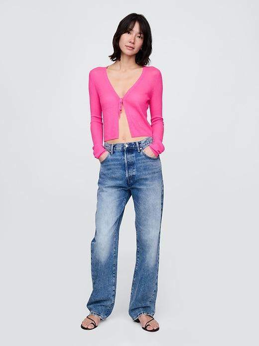 Sheer Rib Cropped Tie-Front Cardigan Product Image
