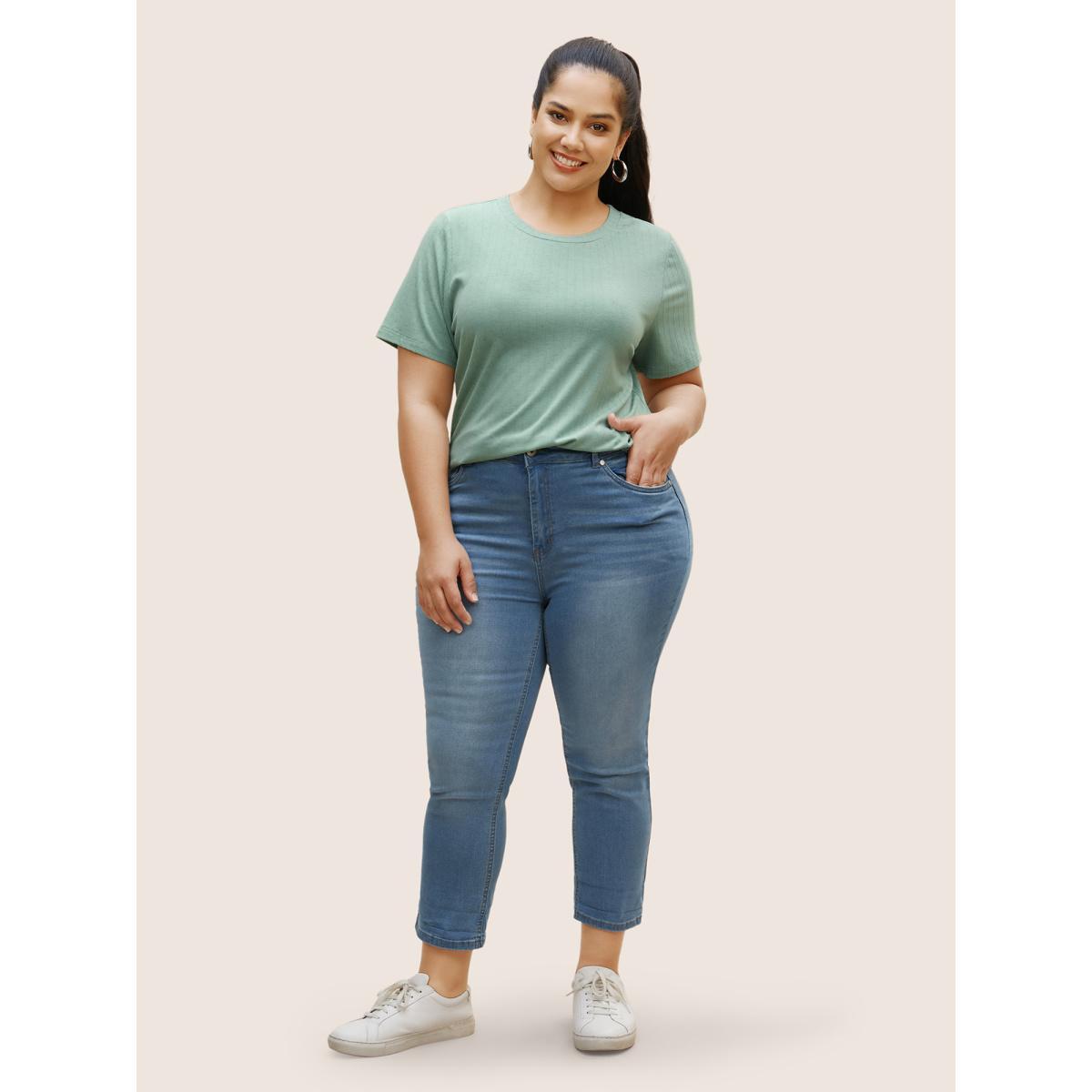 Plus Size Crew Neck Plain Textured Pit Strip T-shirt Palemauve Women Casual Texture Round Neck Everyday T-shirts BloomChic 18-20/2X Product Image