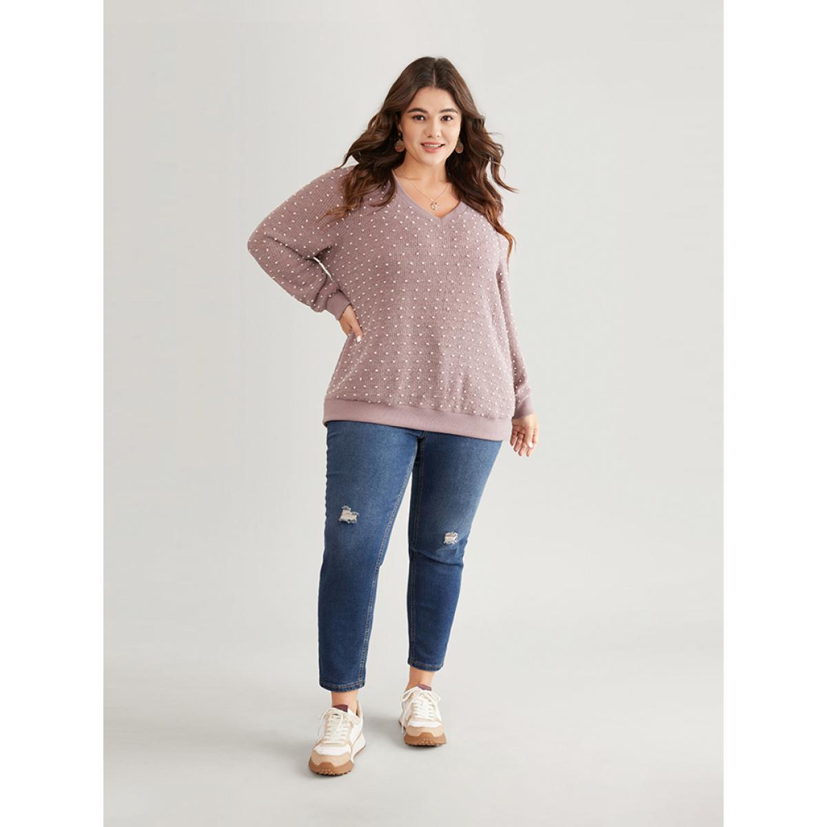 Plus Size Polka Dot Textured V Neck Rib Knit Sweatshirt Women Mauve Casual Rib Knit V-neck Dailywear Sweatshirts BloomChic 12/L Product Image