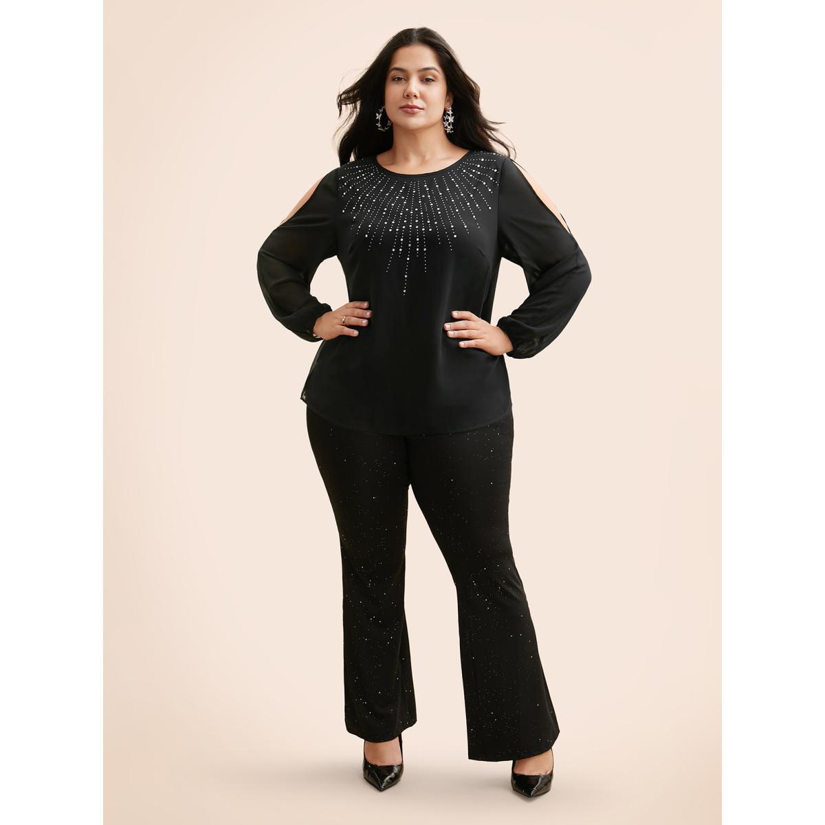 Plus Size Black Rhinestone Cut Out Lantern Sleeve Blouse Women Cocktail Long Sleeve Round Neck Party Blouses BloomChic 14-16/1X Product Image