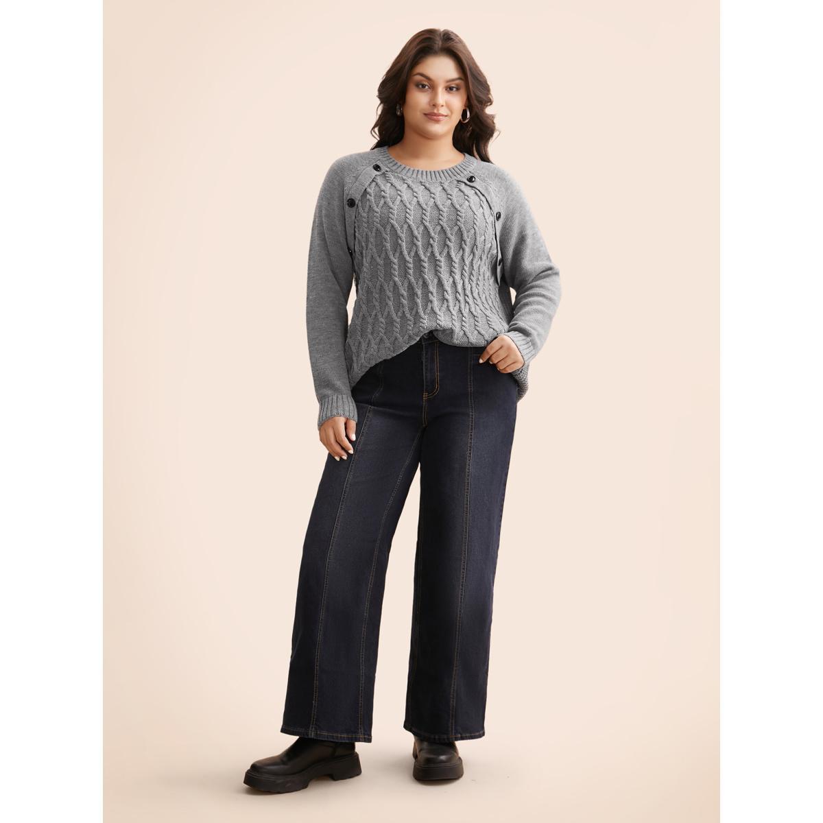 Plus Size Texture Cable Knit Button Detail Pullover Mediumgray Women Casual Loose Long Sleeve Round Neck Everyday Pullovers BloomChic 26/4X Product Image