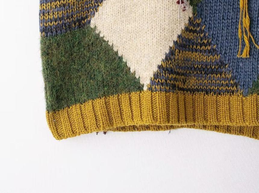 V-Neck Plaid Contrast Stitching Sweater Vest Product Image