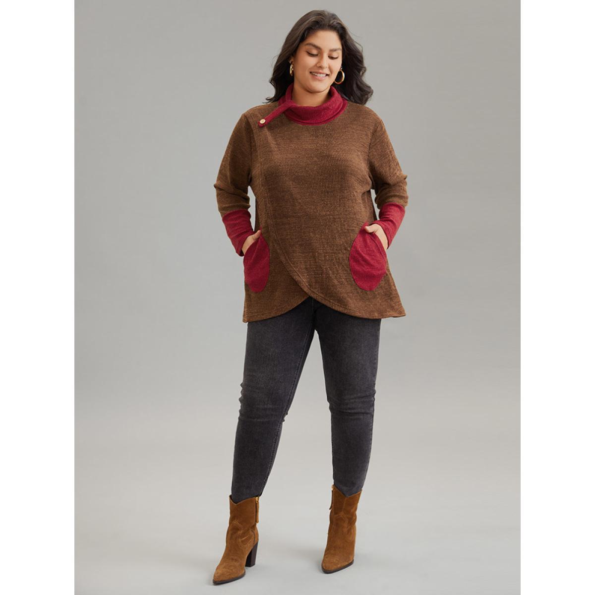 Plus Size Rib Knit Contrast Funnel Neck Patched Pocket Sweatshirt Women DarkBrown Casual Rib Knit Turtleneck Dailywear Sweatshirts BloomChic 18-20/2X Product Image