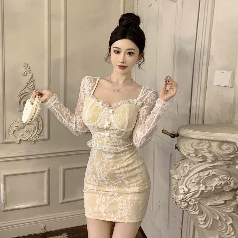 Long Sleeve Sweetheart Neck Bow Lace Overlay Mini Sheath Dress Product Image
