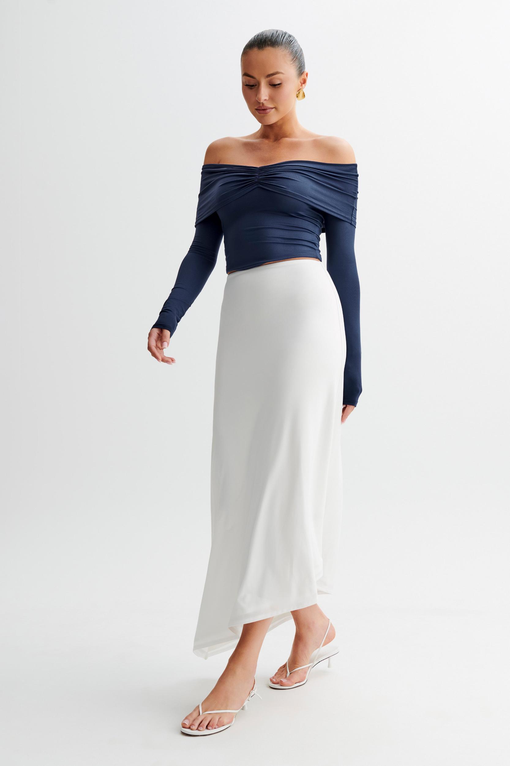 Prue Ruched Off Shoulder Long Sleeve Top - Navy Product Image