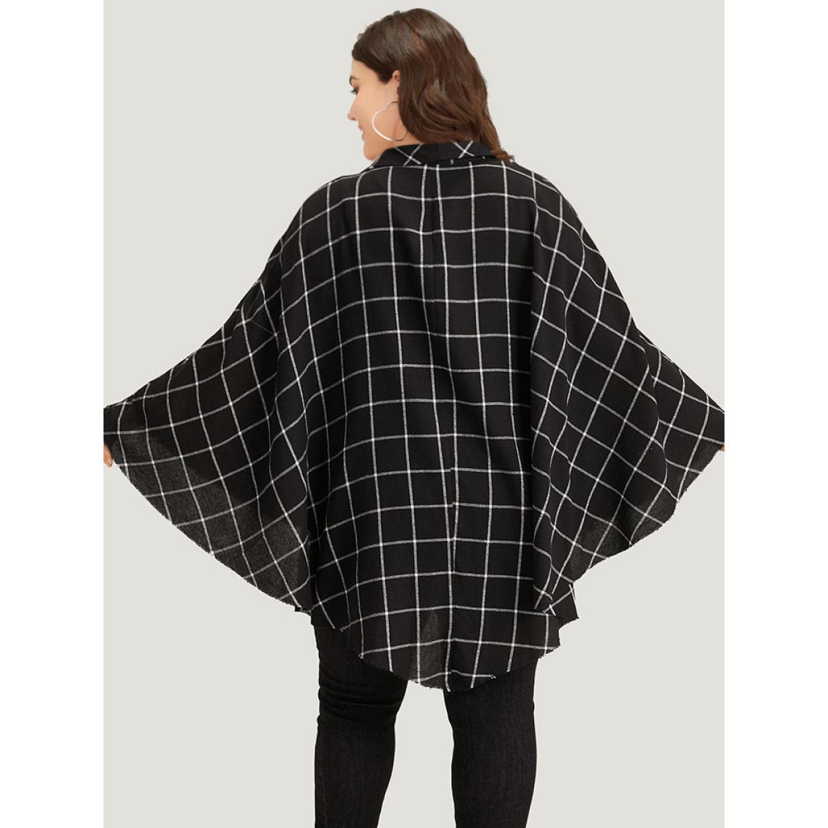 Plus Size Plaid Buckle Detail Cape Kimono Women Black Casual Contrast Loose Dailywear Kimonos BloomChic 26/4X Product Image
