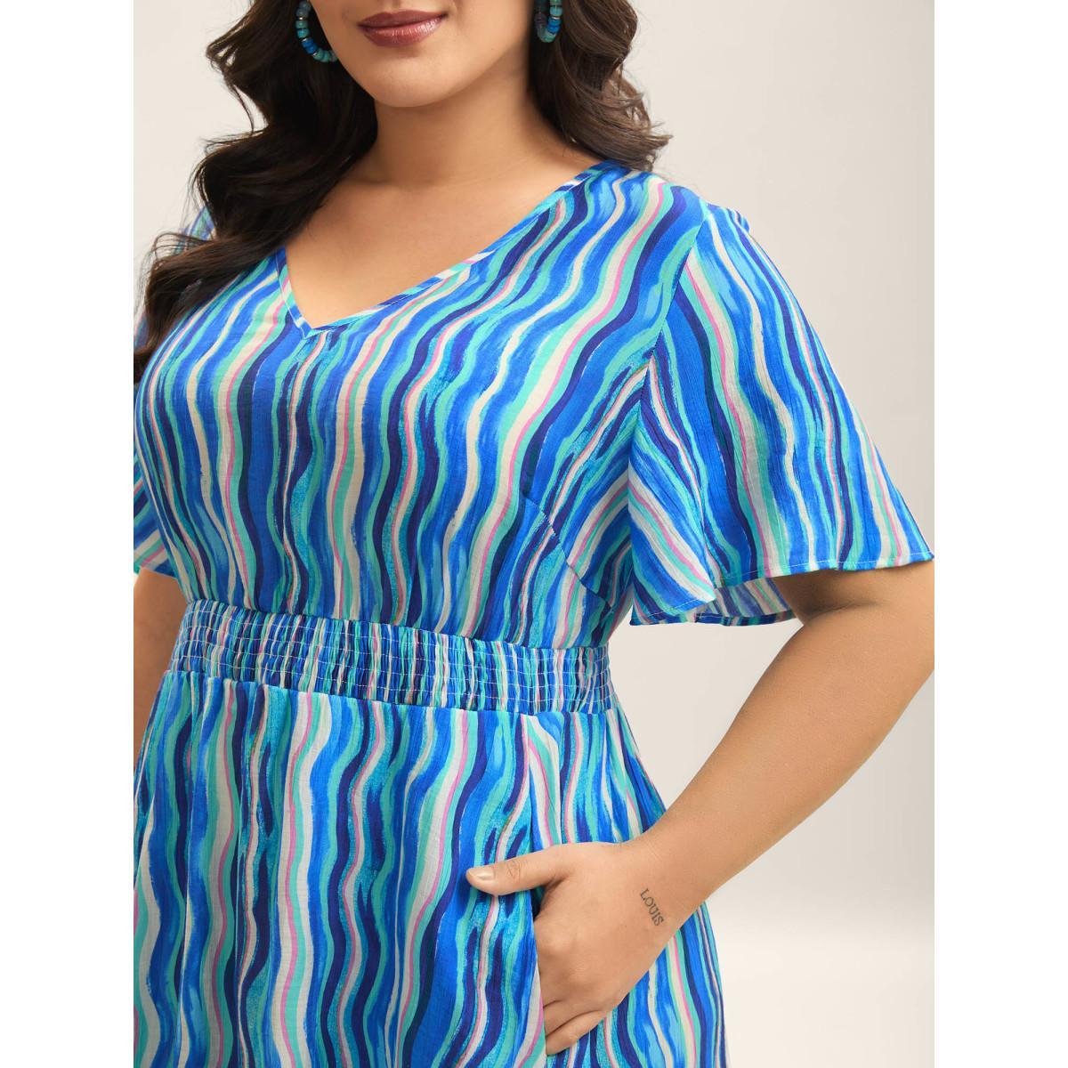 Plus Size Nautical Waves Shirred Waist Midi Dress Cerulean Women V-neck Short sleeve Curvy BloomChic 28/5X Product Image