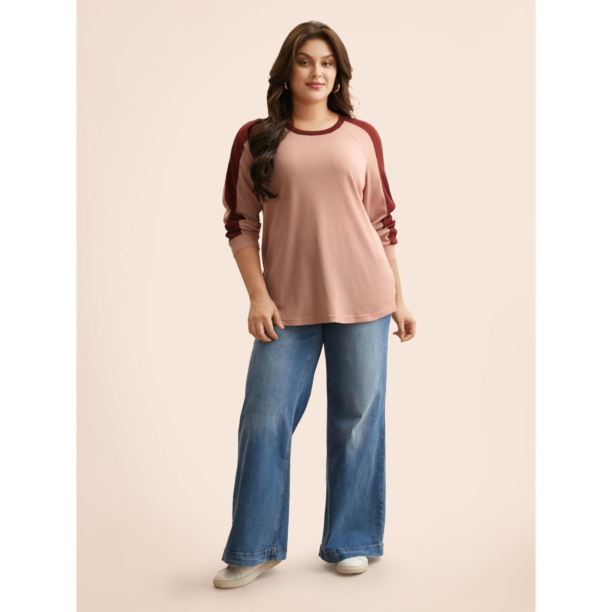 Plus Size Waffle Knit Contrast Patchwork T-shirt Dirtypink Women Elegant Texture Round Neck Everyday T-shirts BloomChic 26/4X Product Image