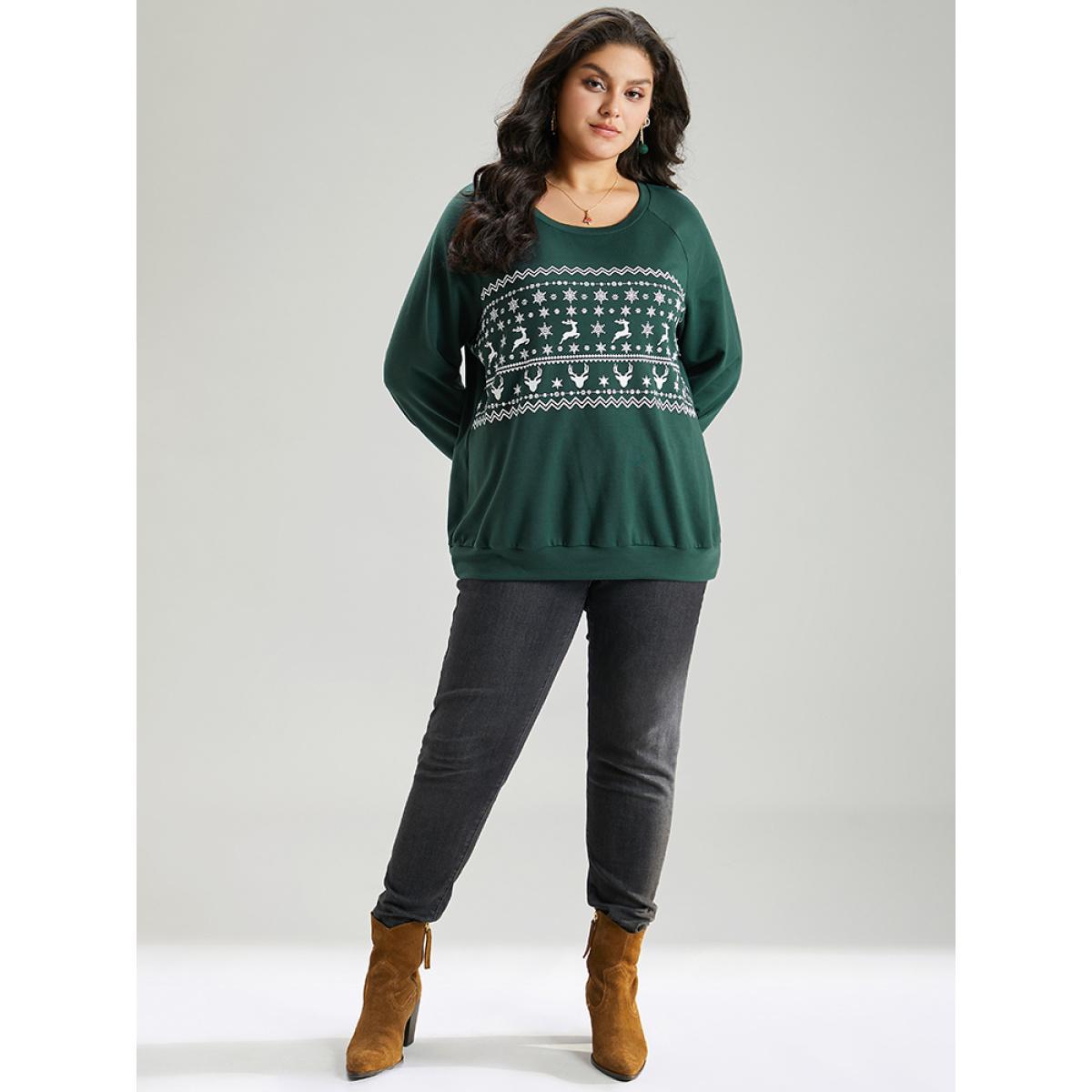 Plus Size Christmas Elk Crew Neck Raglan Sleeve Sweatshirt Women DarkGreen Casual Printed Round Neck Festival-Christmas Sweatshirts BloomChic 14-16/1X Product Image