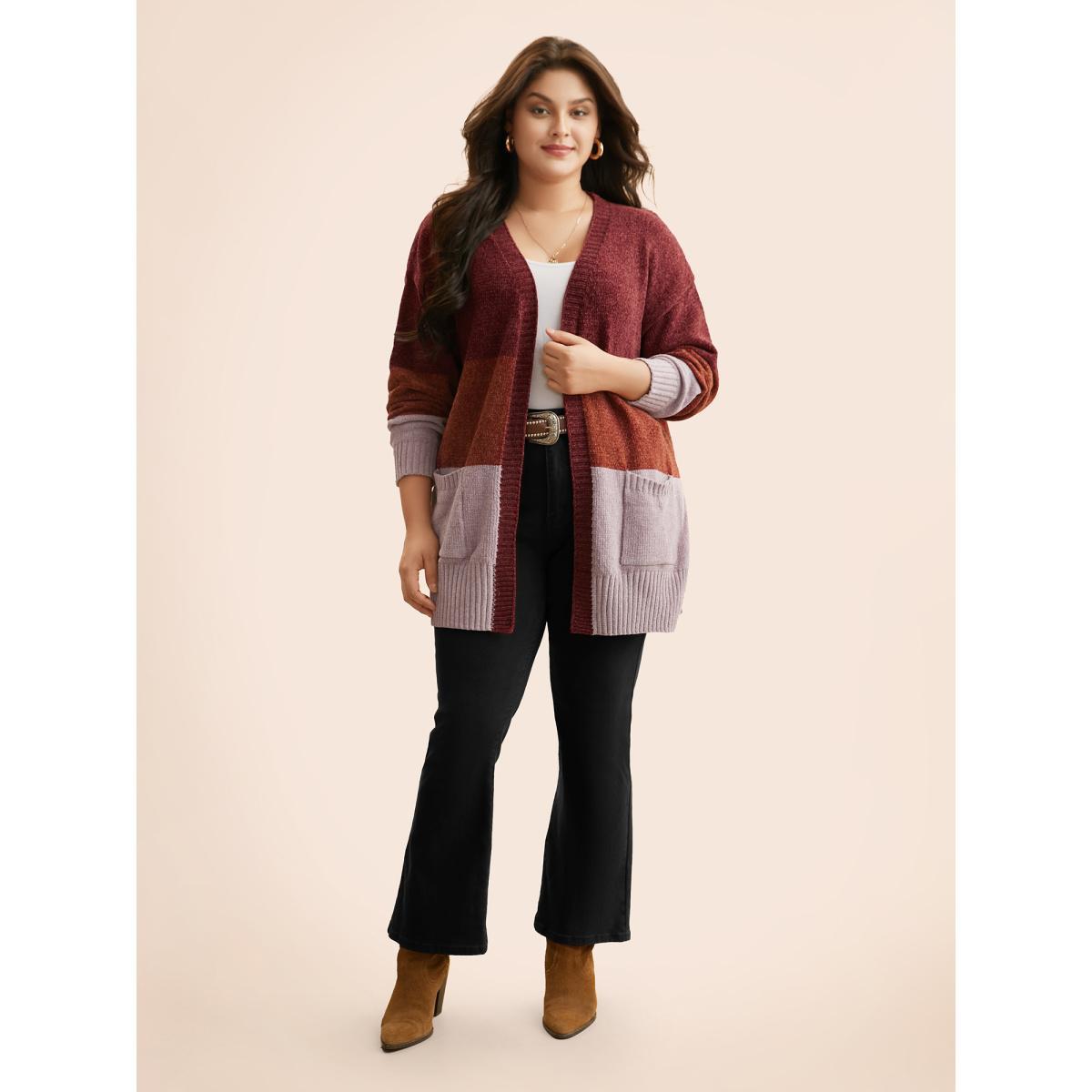Plus Size Colorblock Contrast Patch Pocket Cardigan Yellowishbrown Women Casual Loose Long Sleeve Everyday Cardigans BloomChic 14-16/1X Product Image